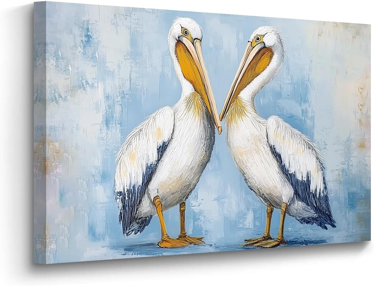 BJYCHG Pelican Canvas Wall Art Bathroom Picture Coastal Bird Painting Pelican Ocean Beach Themed Print Poster for Home Bedroom Decor Framed (White, 12L x 18W)