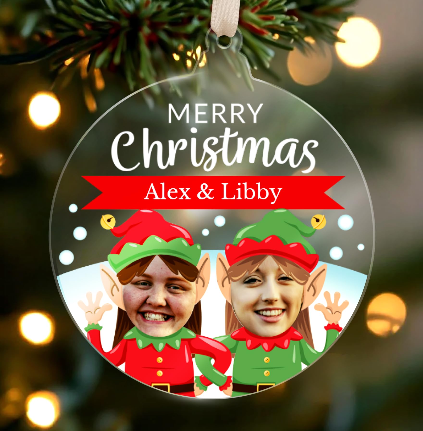 1 Personalised Customised Christmas Xmas Festive Upload Your Own Photo Novelty Elves Elf Merry Christmas Acrylic Bauble Tree Gift Decoration Present 80mm PTS Personalised