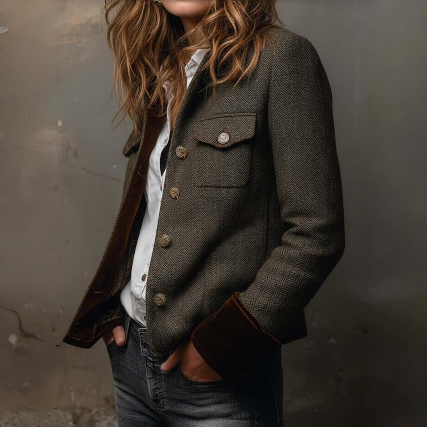 Tweed Blazer Women's Vintage Tweed Blazer with Velvet Trim, Structured Blazers Spring Work Dressy Business Casual Coat - Image 3