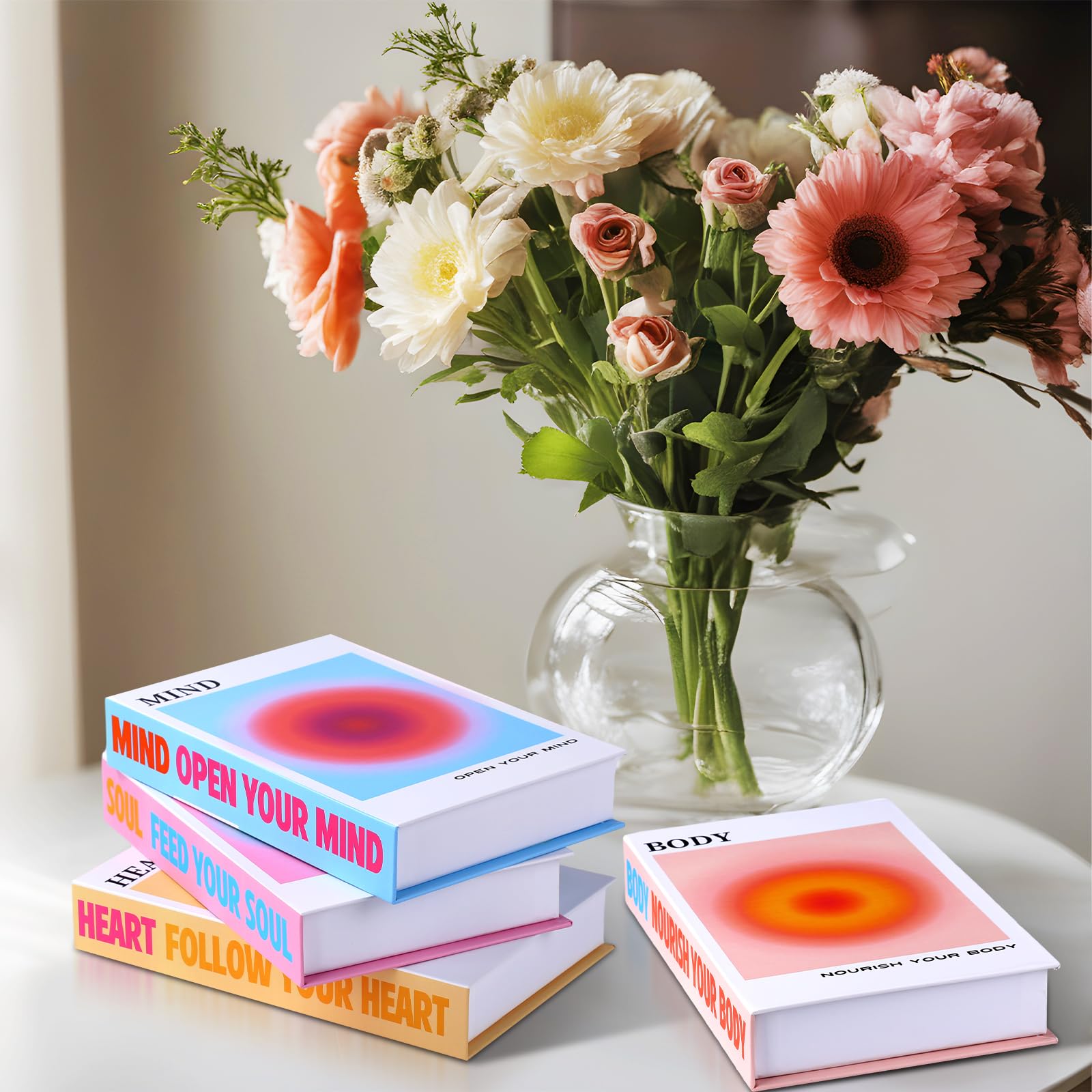 Pasimy Set di 4 libri decorativi con aura sfumata e angelo, tavolino impilato, decorazione per libri, anima, corpo, mente, cuore, citazioni ispiratrici, copertina rigida, libri falsi per casa,