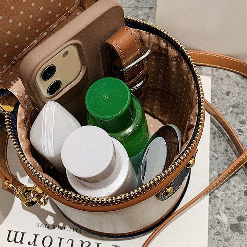 Retro Bucket Bag Female PU Leather Color Contrast Cylinder Shoulder Round Bag Handle Handbag Purse - Image 7