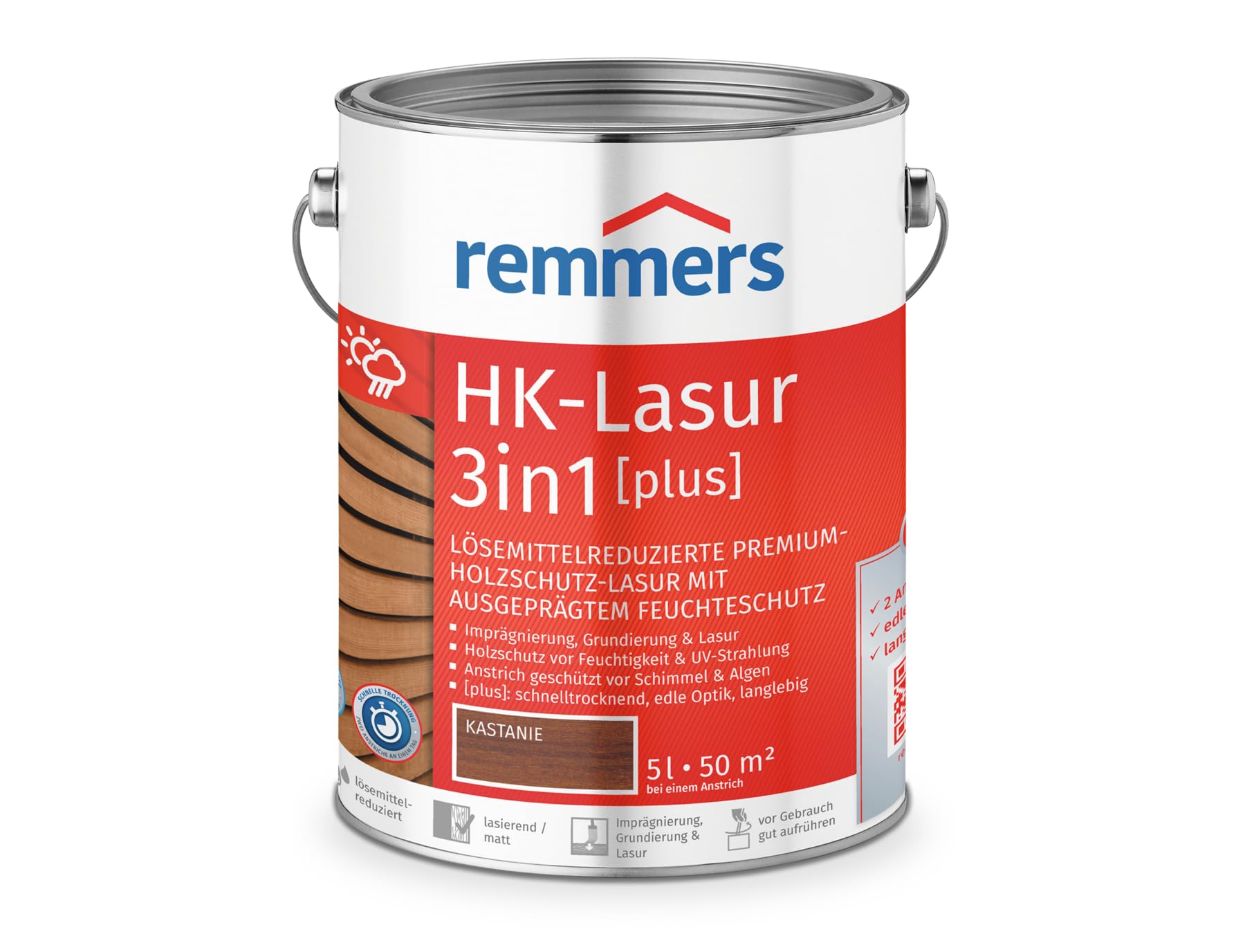 Remmers HK-Lasur 3en1 [plus] castaño, mate, 5 litros, barniz para madera, barniz para madera premium para exteriores, triple protección para madera con impregnación + imprimación + barniz