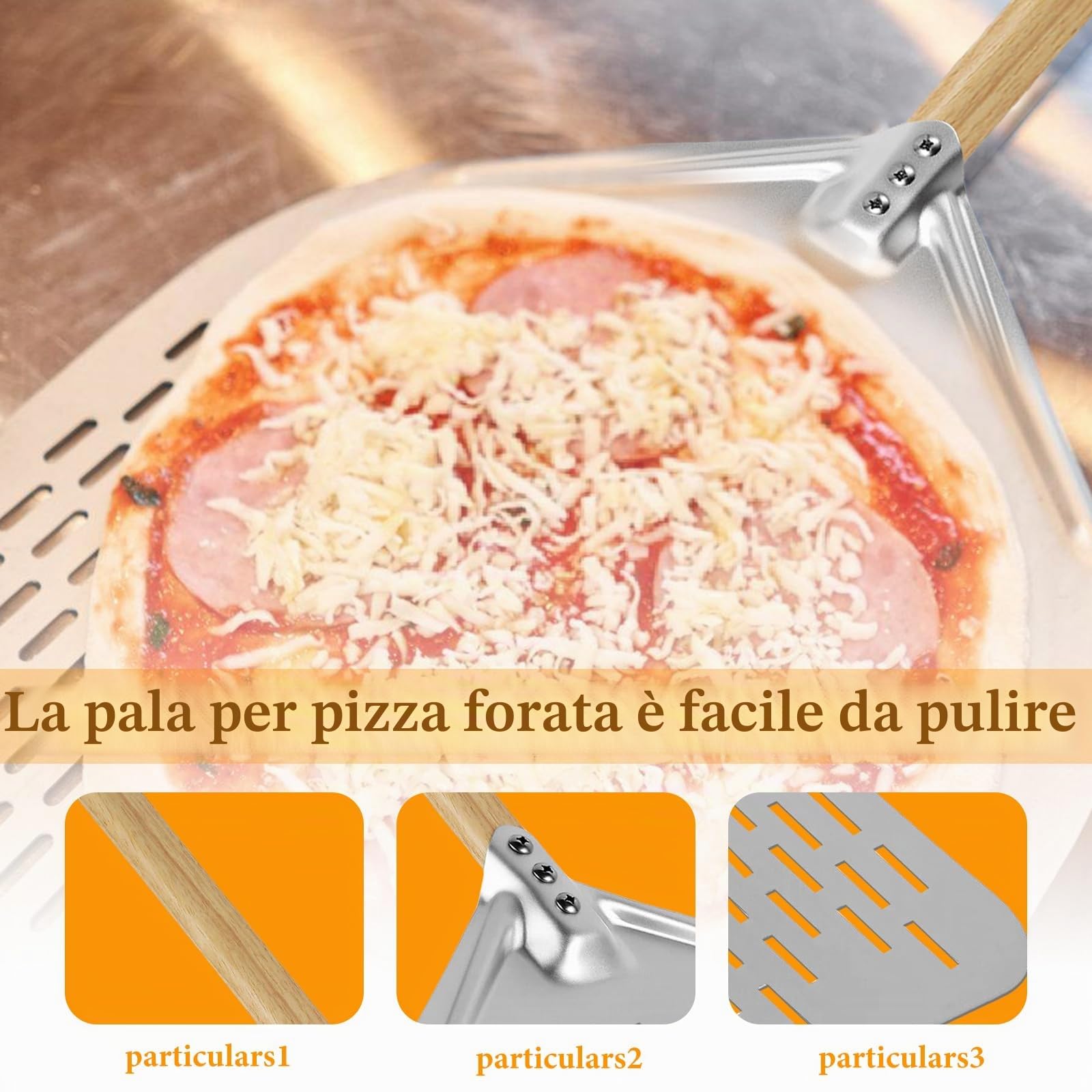 HOMURY Pala per pizza perforata con manico staccabile, 30,5 cm (12 pollici), alluminio anodizzato per pizza fatta in casa