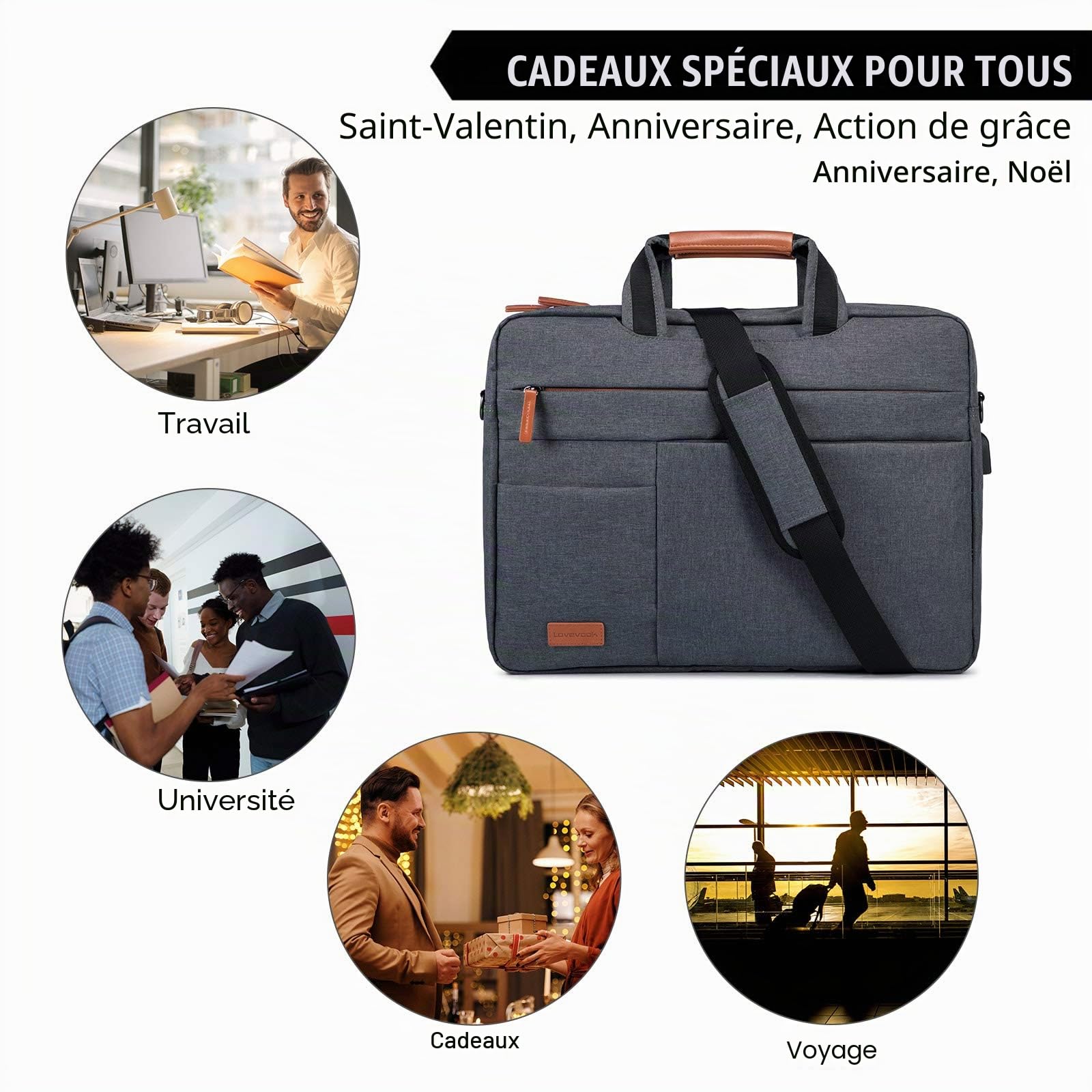 LOVEVOOK Sacoche à Bandoulière Ordinateur Portable 17.3 Pouces Imperméable Mallette pc Tablette Ordinateur Cartable pour Hommes Femmes Collège Cours Travail Affaires Voyage Gris Foncé