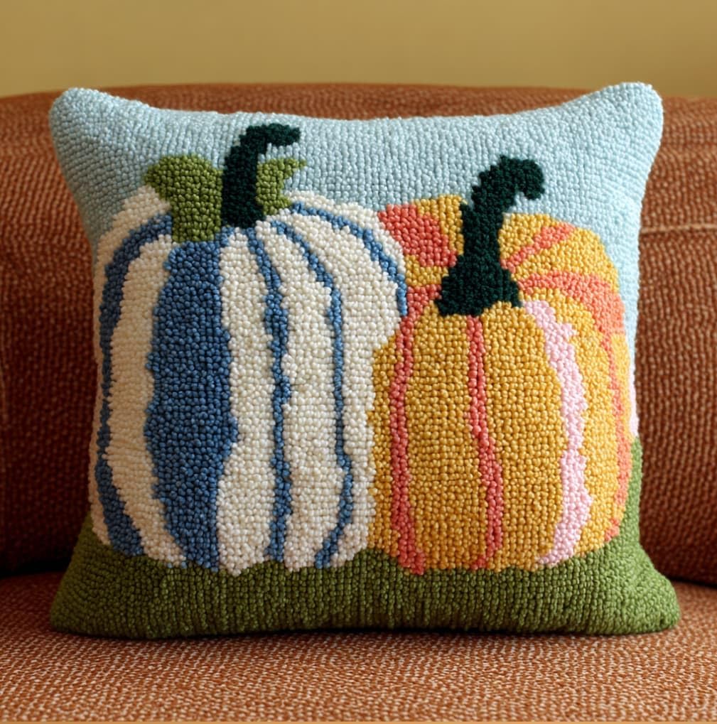 Taxpy Latch Hook Kits for Adults Beginners,Pumpkin Pre-Printed Latch Hook Pillow Kit,Craft Rug Making Kits,DIY Embroidery Cushion for Home Sofa Decor & Gift Idea 17X17 in.
