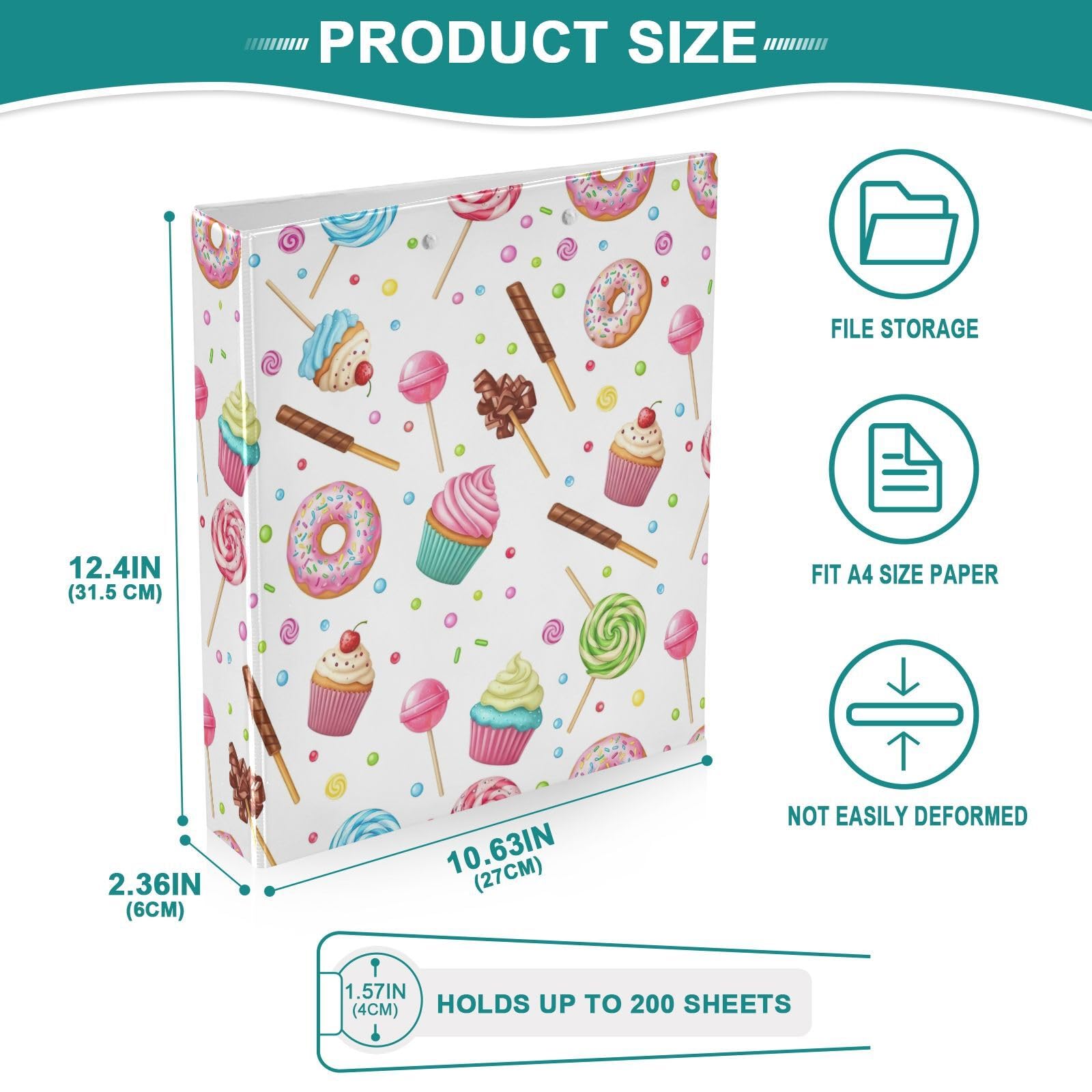 Raccoglitore a 3 anelli colorati con cupcake, 3,8 cm, raccoglitori flessibili ad anelli con tasche, 3 raccoglitori ad anelli per scuola, università, ufficio (confezione da 2)