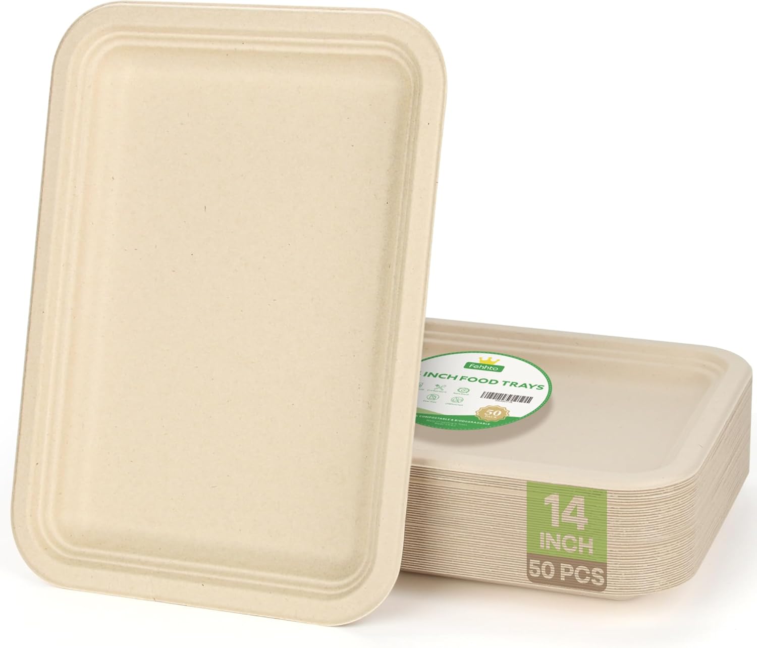 50 Pack 14 Inch Disposable Food Trays Biodegradable Heavy Duty Large Paper Plates Compostable Sugarcane Platters for Crawfish, Lobster, BBQ Seafood,Party and Holiday Feast