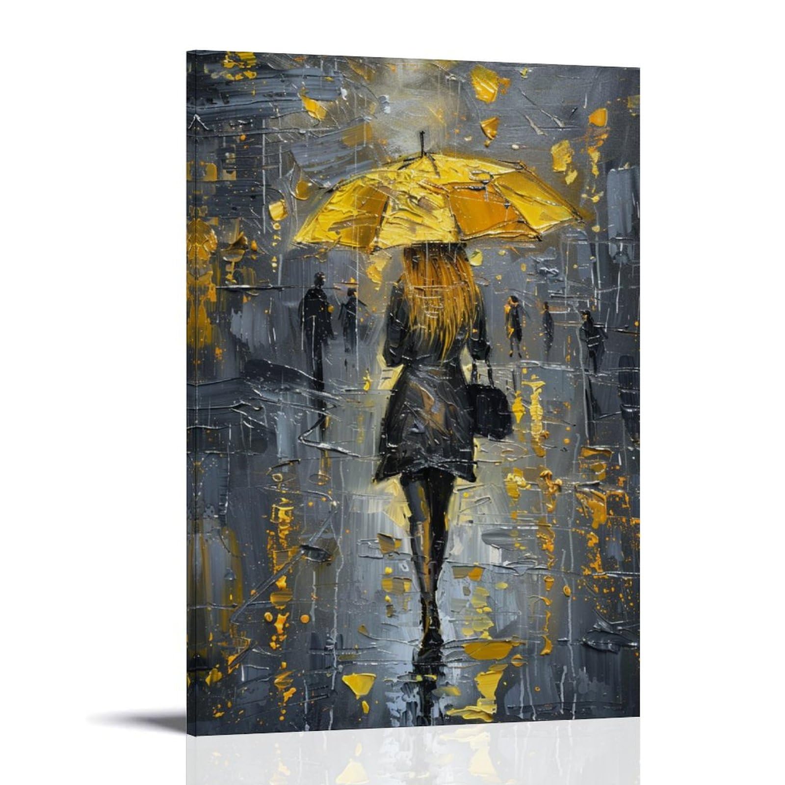 FYFMUSHE Vintage Woman Canvas Wall Art Paintings Woman Walking Rainy Street Pictures on Canvas Prints Framed Ready to Hang Artwork for Bedroom Home Decor 24x36inch(60x90cm)