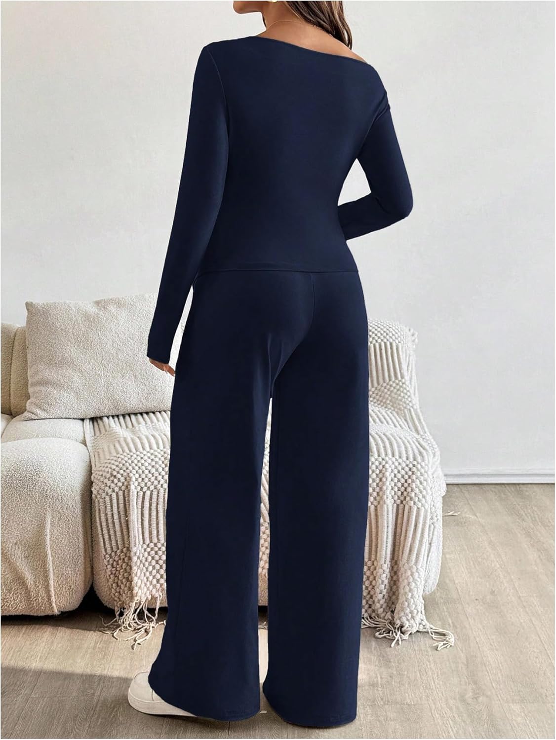 MakeMeChic Women's Maternity Clothes 2 Piece Spring Outfits Asymmetrical Top and Pants Pregnancy Matching Sets Blue Small - Image 3