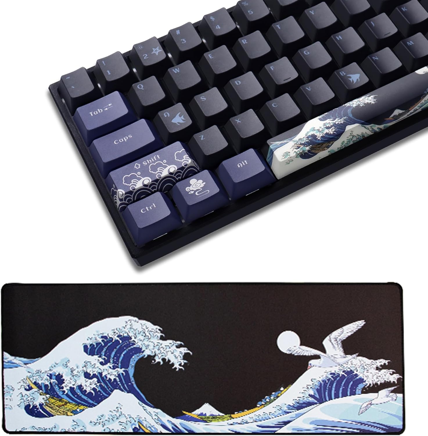 SDYZ XVX PBT Keycaps 60 Percent, Great Wave Off Kanagawa Japanese Keycaps + Mouse Pad for Desk