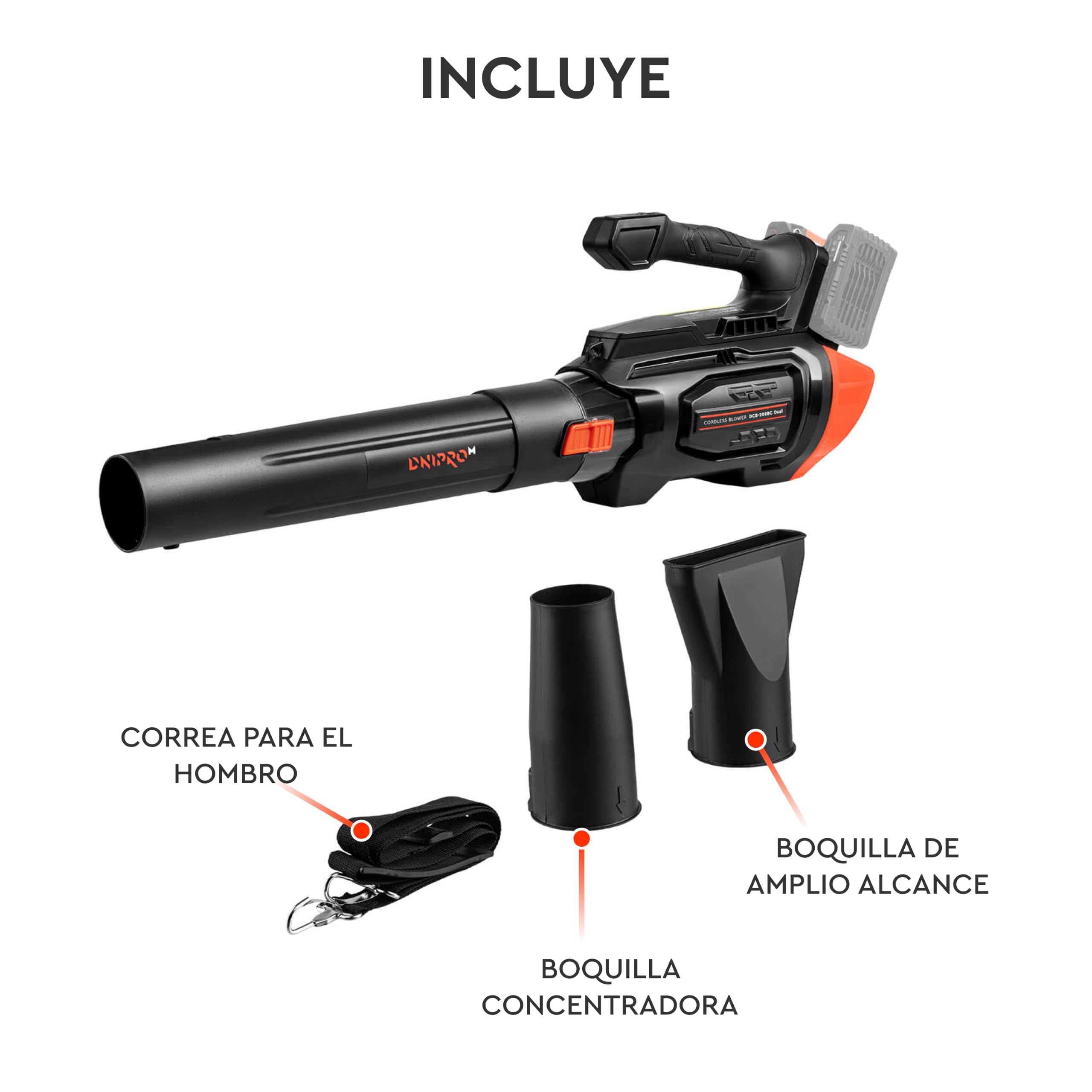 Soplador de Hojas Inalámbrico DCB-202BC Dual - Limpieza Potente Kit con 2 Baterías 2 Ah y Cargador, Motor Brushless, 1020 m³/h, 240 km/h, 4 Velocidades + Turbo - Jardín, Patio y Garaje - por Dnipro-M