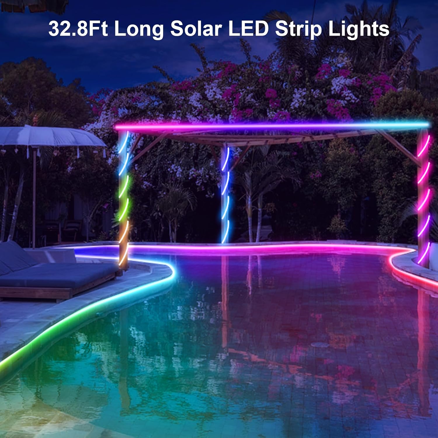 ZAIYW 32.8Ft Dual Color Changing Solar LED Strip Lights Outdoor, IP68 Waterproof Strip Lights with Timer Remote, Self-Adhesive Cuttable Light Strip for Yard Garden Decor (Warm White & Multicolor)