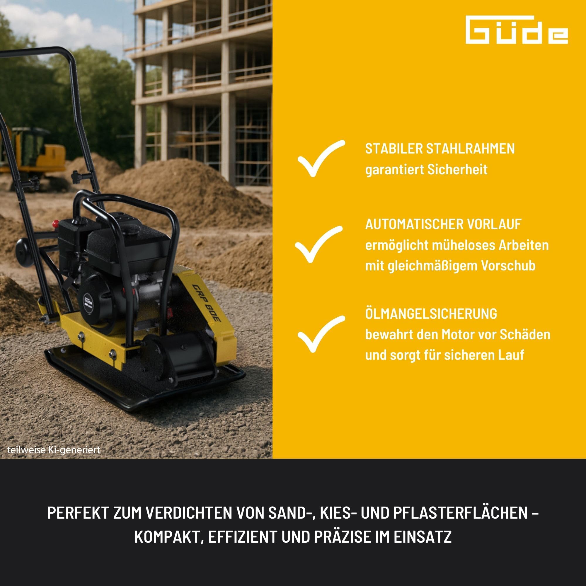 Güde GRP 80E Rüttelplatte - 4-Takt-Motor, 196 Kubikzentimeter Hubraum, 4,1 Kilowatt, 5,5 PS, 42 x 52 Zentimeter Arbeitsplatte, 14 kN Verdichtungsdruck, 20 m/min Vorlauf, Polyurethanmatte, Fahrwerk