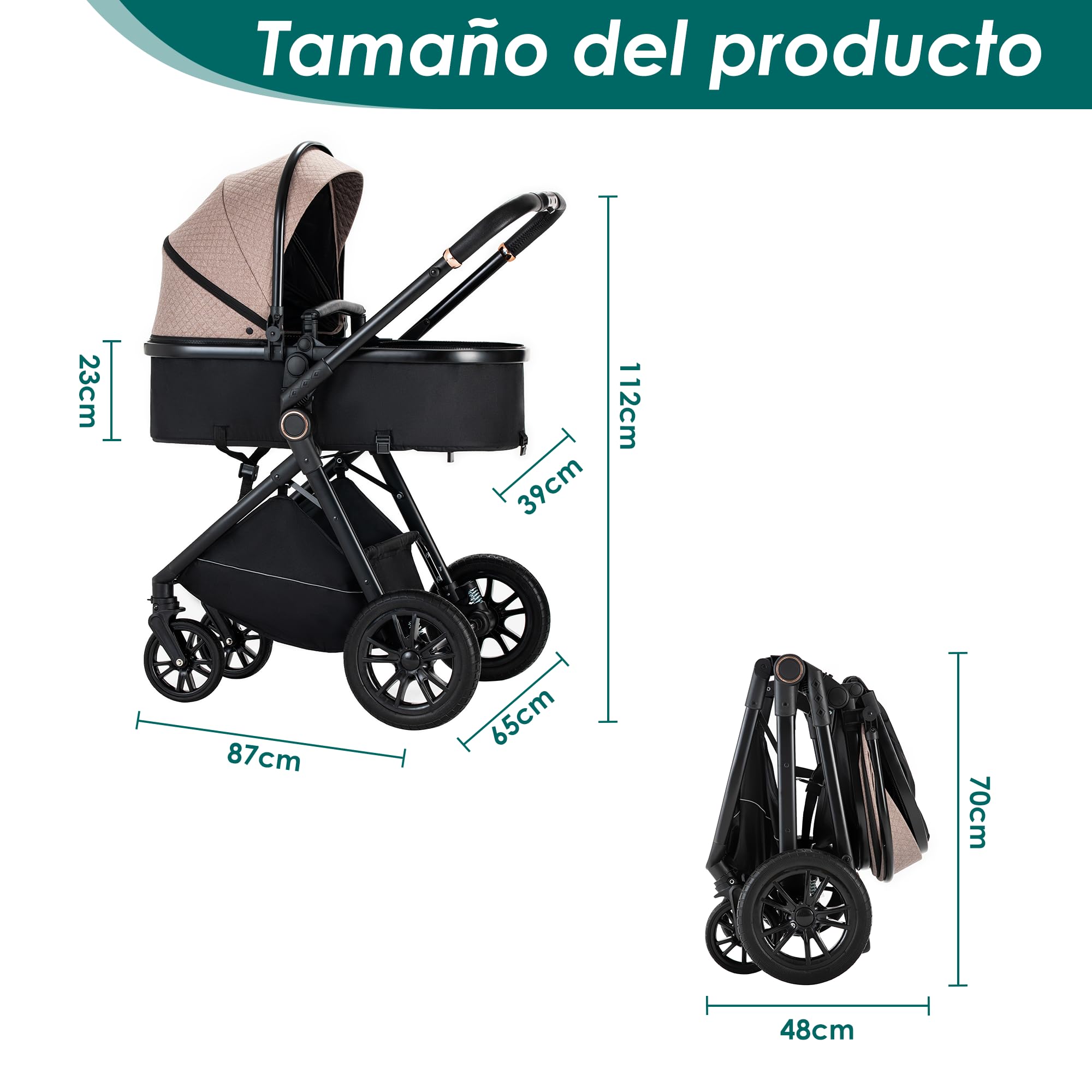 Carrito bebé 3 en 1, 0-3 años, Máx. 22 kg, Cochecito para Bebé 3 Piezas con Estructura Metálica Ligera, Compacto y Reclinable Silla de Paseo, con i-Size Silla Coche Bebe, Beige