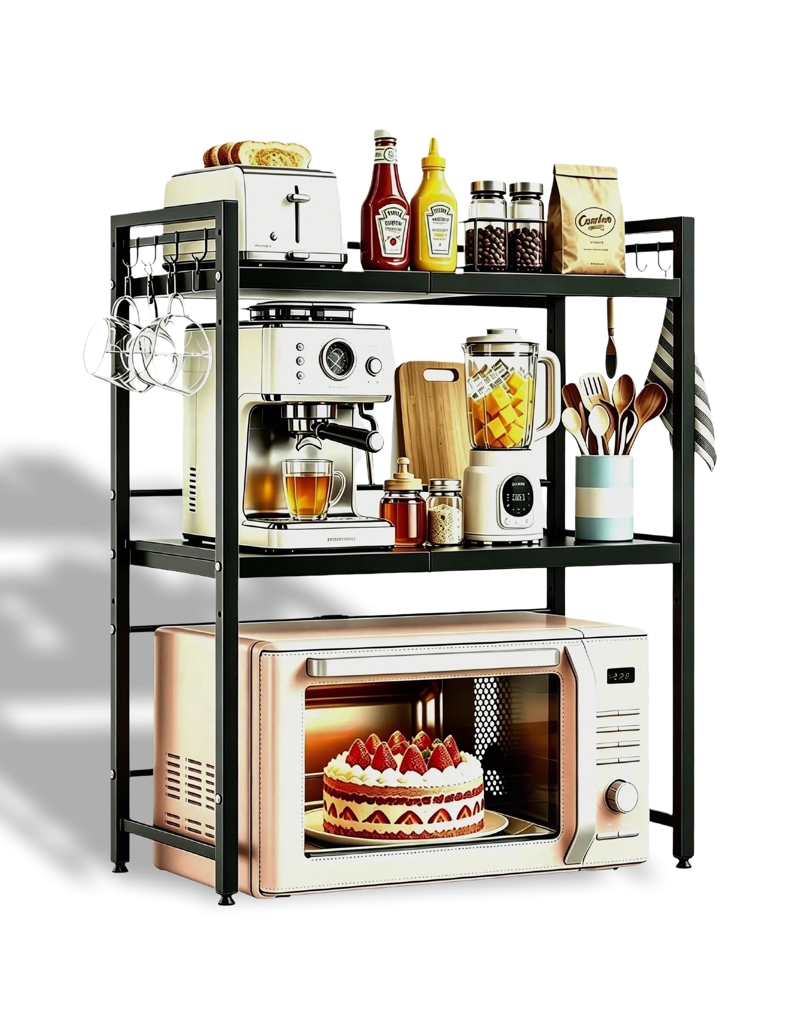 Mikrowellenregal 3 stufig ausziehbar Höhenverstellbarer Mikrowellenständer (40-64cm) ohne Bohren mit 6 Haken, Kohlenstoffstahl für Backofen, Kaffeemaschine & Airfryer