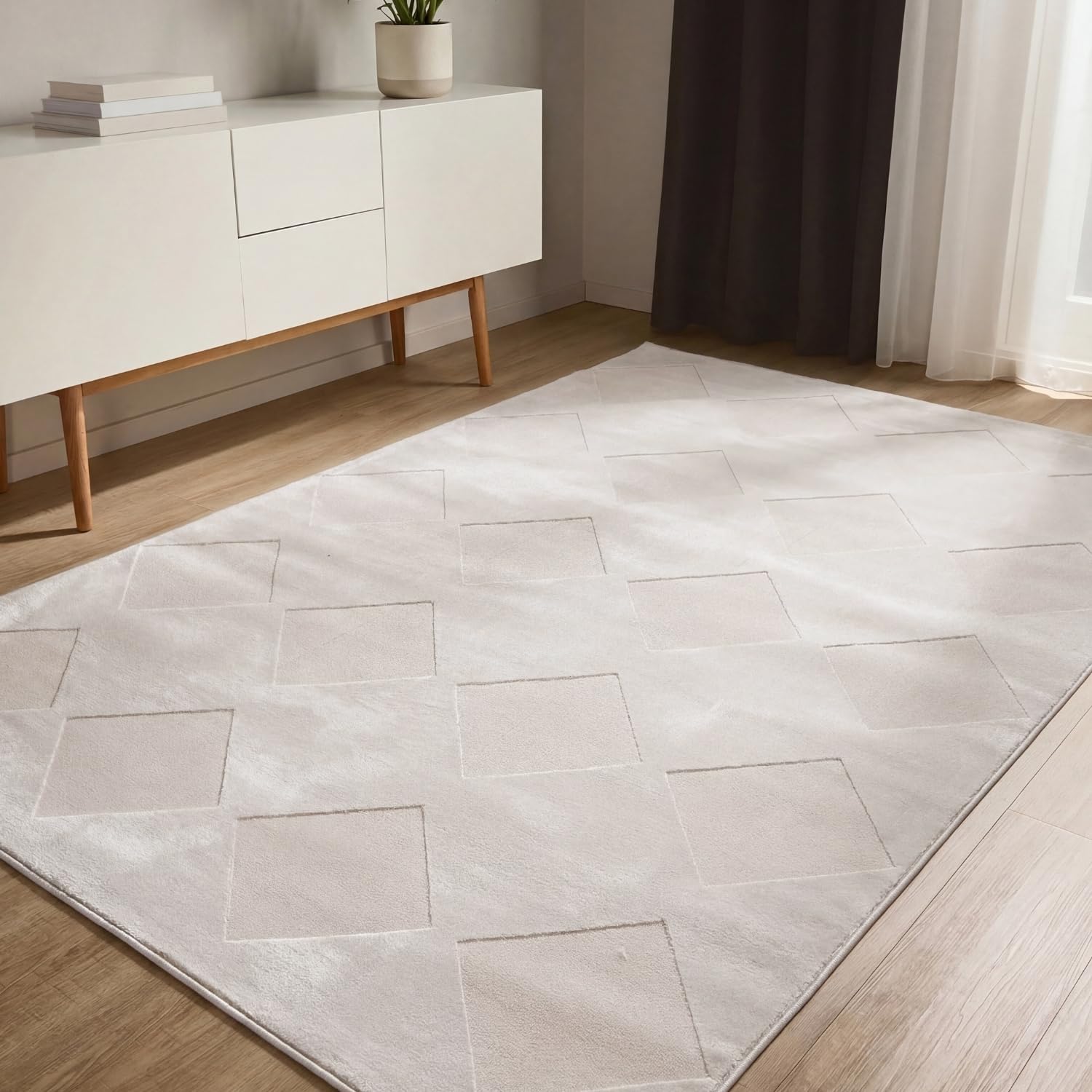 benuta Basic Teppich Claire - Creme 280x380 cm - Minimalistischer Wohnzimmerteppich im Geometrischen Retro-Stil - Pflegeleicht - Fußbodenheizung Geeignet