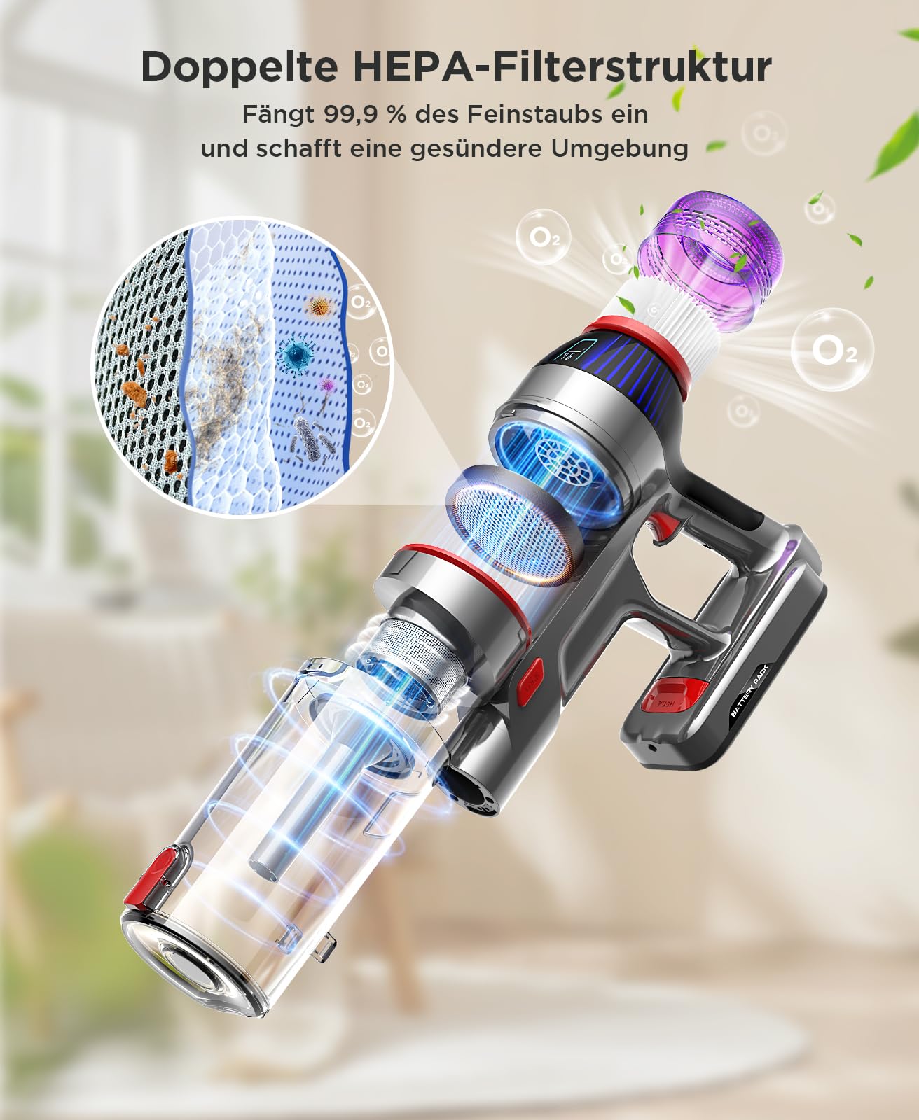 Akku-Staubsauger Tierhaare Kabellos Akkusauge: 45kPa Starke Saugkraft | Mit LED Display und Anti Tangle Bürste, Selbststehender Staubsauger Für Tierhaare Teppiche Hartböden