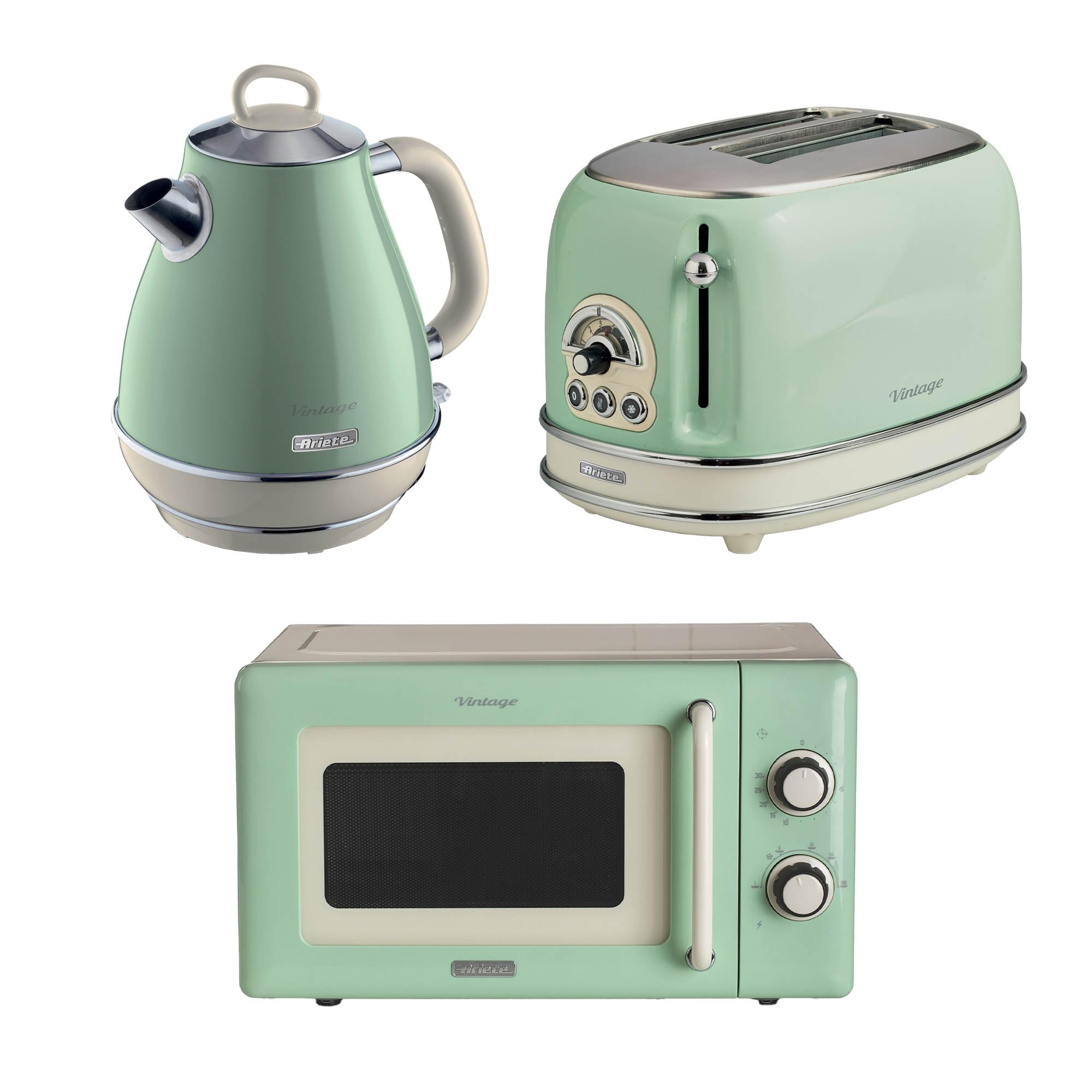 Ariete Vintage Breakfast Set, Retro 2-Slice Toaster with 6 Browning Levels, 2000W Fast-Boil 1.7L Kettle & 800W Microwave, Green
