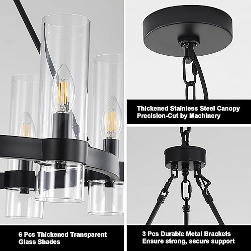 Miniatura 4 de Lámpara colgante de rueda negra de 22 pulgadas con pantalla de cristal, 6 lámparas, moderna lámpara de araña redonda de granja, adecuada para