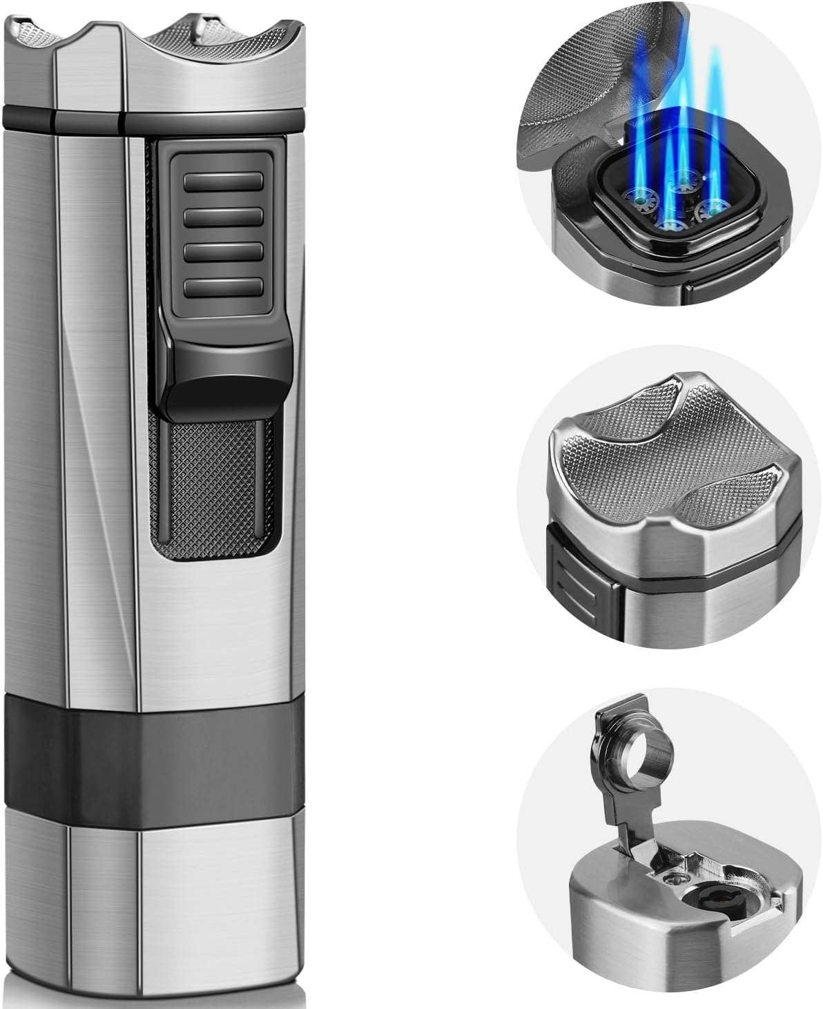 Torch Lighter, 4 Jet Flame Lighter Refillable Butane Windproof Lighter with Punch & Holder Gift for Men Women (Silver, Without Gas)