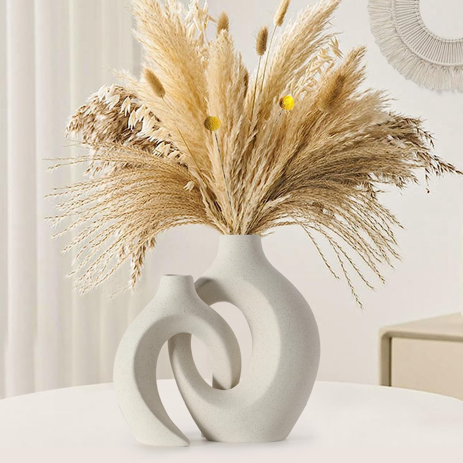 Anquephd Juego de 2 jarrones de cerámica huecos, color beige, jarrón moderno redondo único para decoración de estilo minimalista nórdico, rosquilla boho estética, jarrón estético para mesa de café y