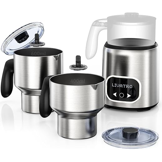 Livatro 14-in-1 Electric Milk Frother and Steamer with Dual Detachable Cups (21oz & 13.5oz), IH Fast Heating Milk Warmer for Lattes/Cappuccinos/Hot Chocolate, Smart Memory, Dishwasher Safe