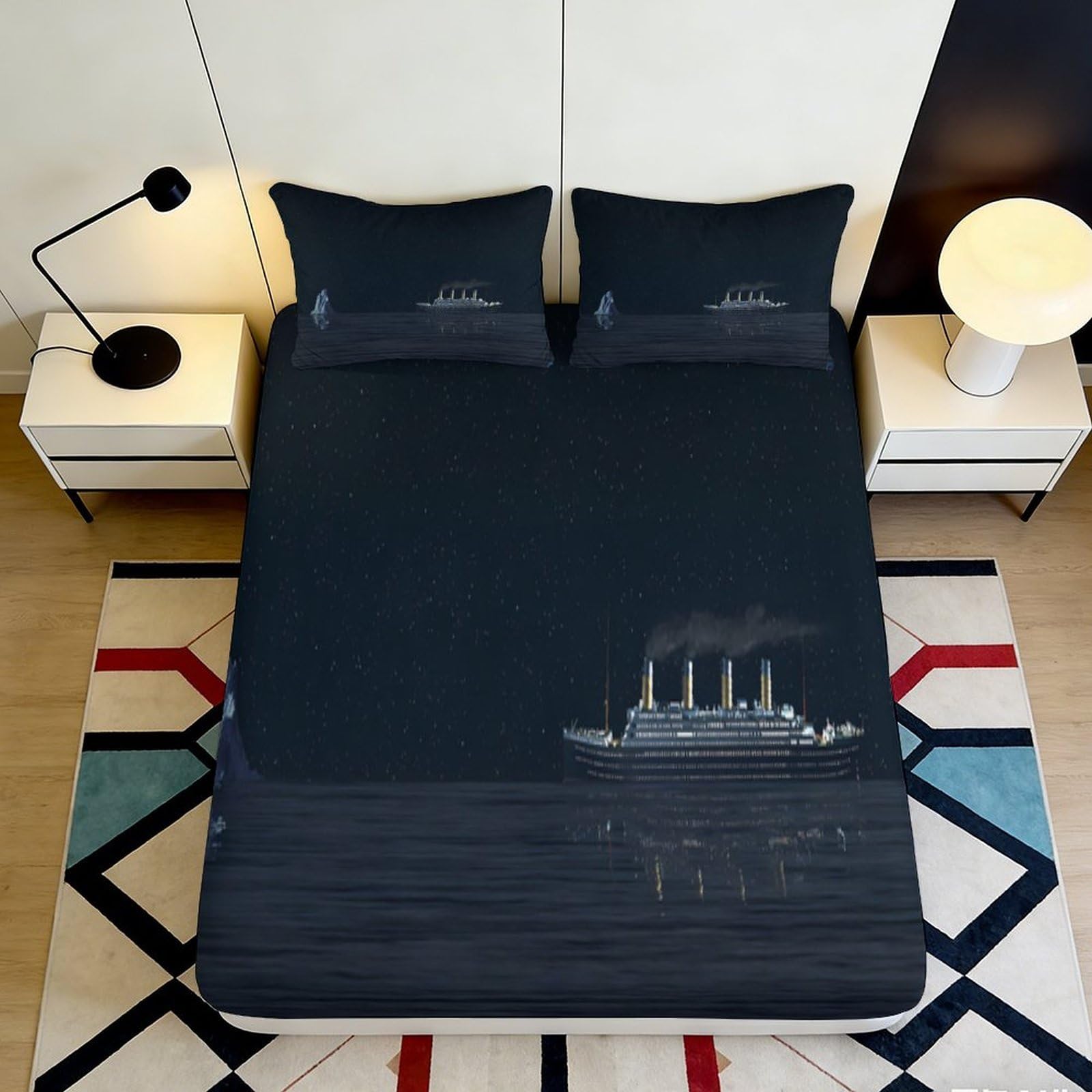 3D Printed Titanic Night Fitted Sheet Microfiber Soft Anti-Slip Ocean Ship Bed Cover for Bedroom Guest Room Decor 90x200x25cm
