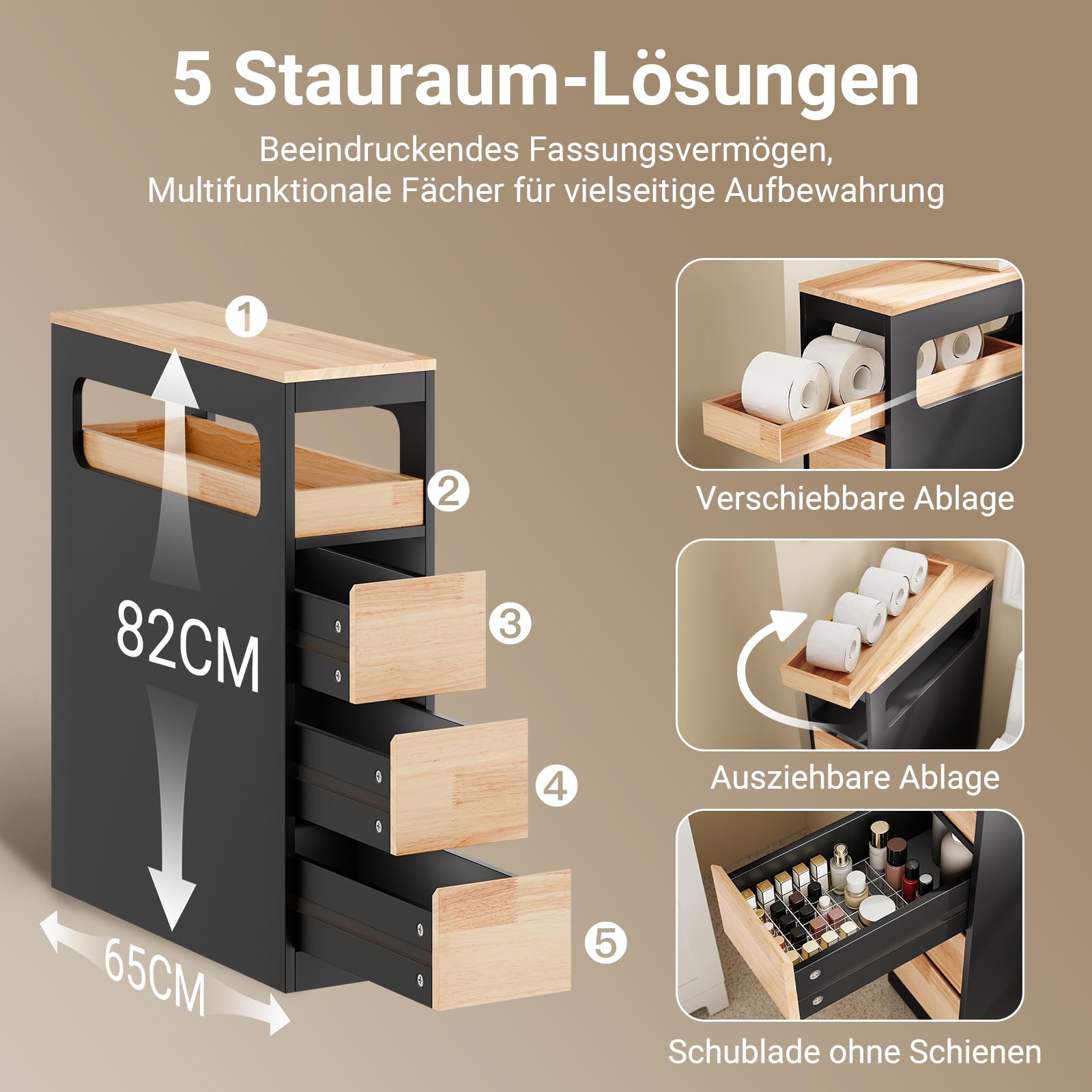 SoBuy Badezimmerschrank Schmal Badschrank mit 3 Schubladen Nischenschrank Holz für kleine Bäder WC & Küche Toilettenschrank Beistellschrank, Schwarz 65x23x82cm BZR54-II-SCH