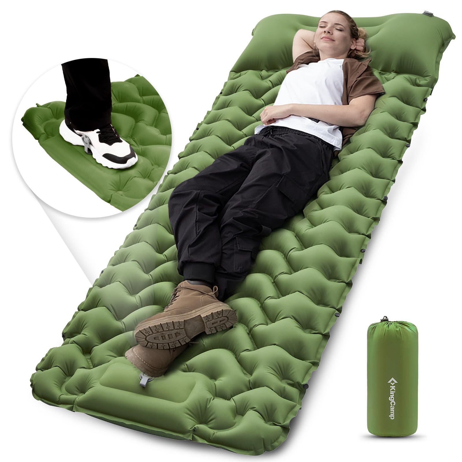 KingCamp Sleeping Pads for Camping, Self Inflating Camping Mattress with Built-in Foot Pump, Connectable Durable Inflatable Sleeping Mat with Pillow, Compact Camping Air Mattress for Camping Hiking
