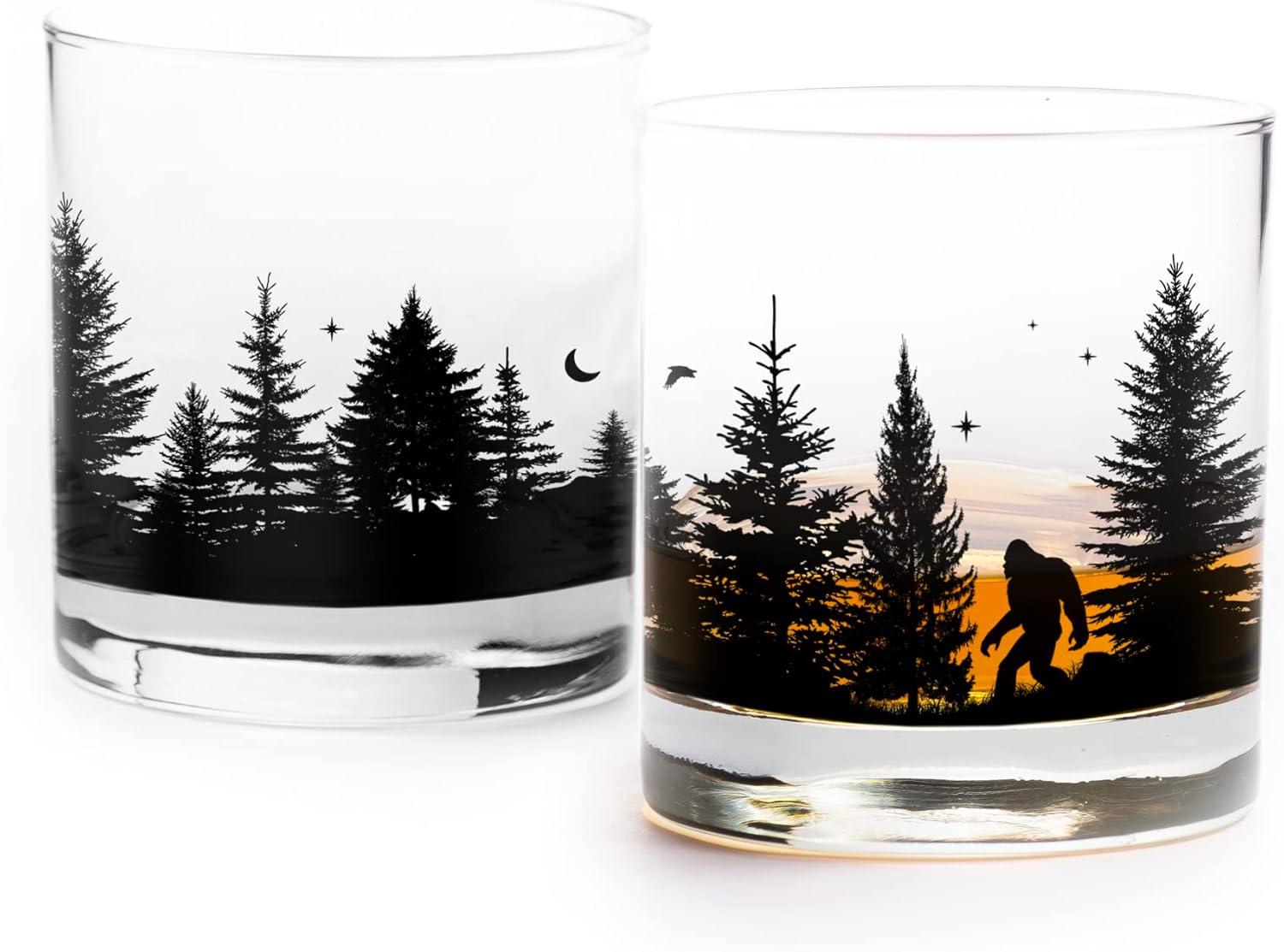 Black Lantern Bigfoot in the Forest Whiskey Glass Set of 2 – 11oz Heavy Base Old Fashioned Rocks Glasses – Screen Printed Design with Gift Boxes