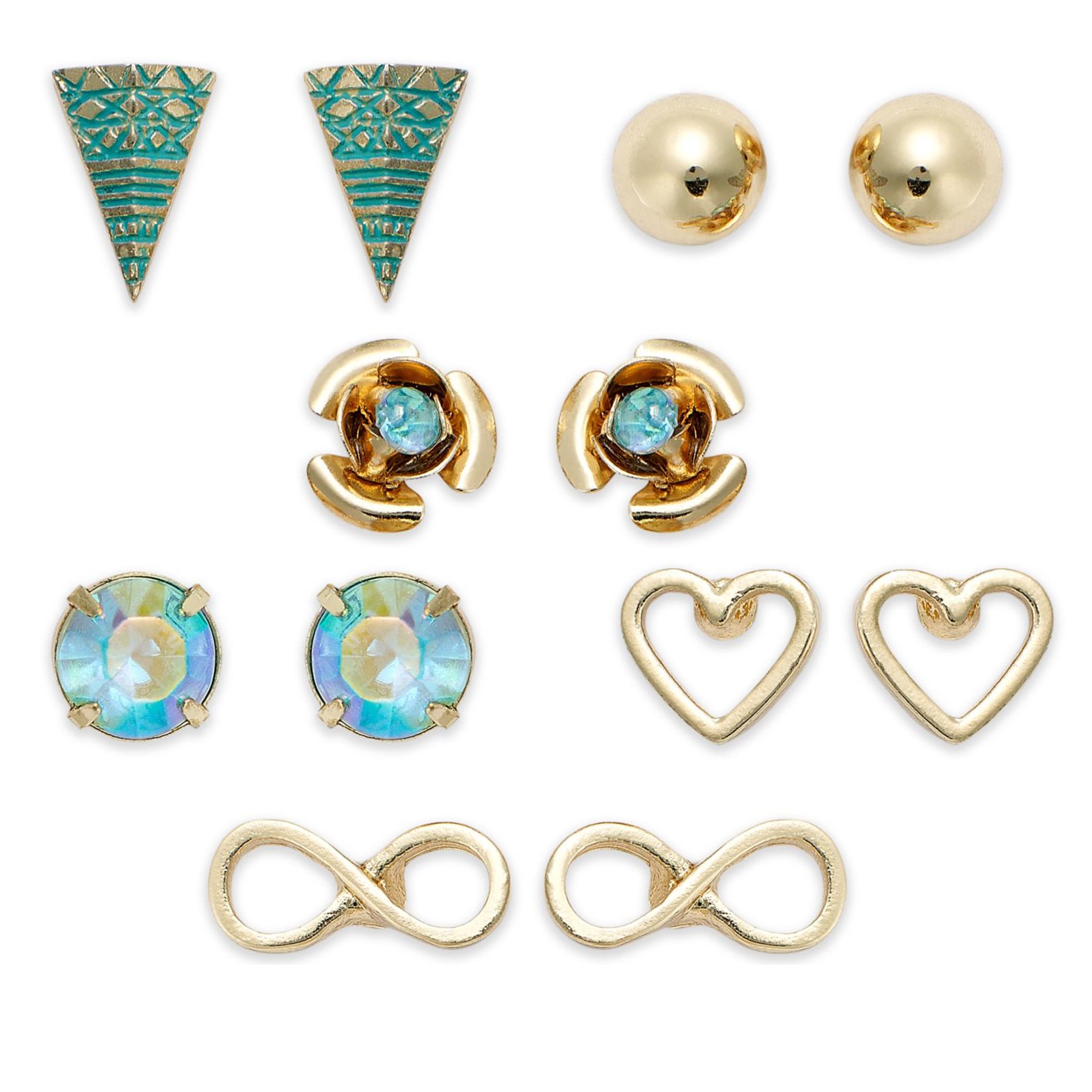 American Rag Earring Set, 6 Pairs of Gold-Tone Hearts, Infinity Symbol, Aqua Blue Stone Stud Earrings
