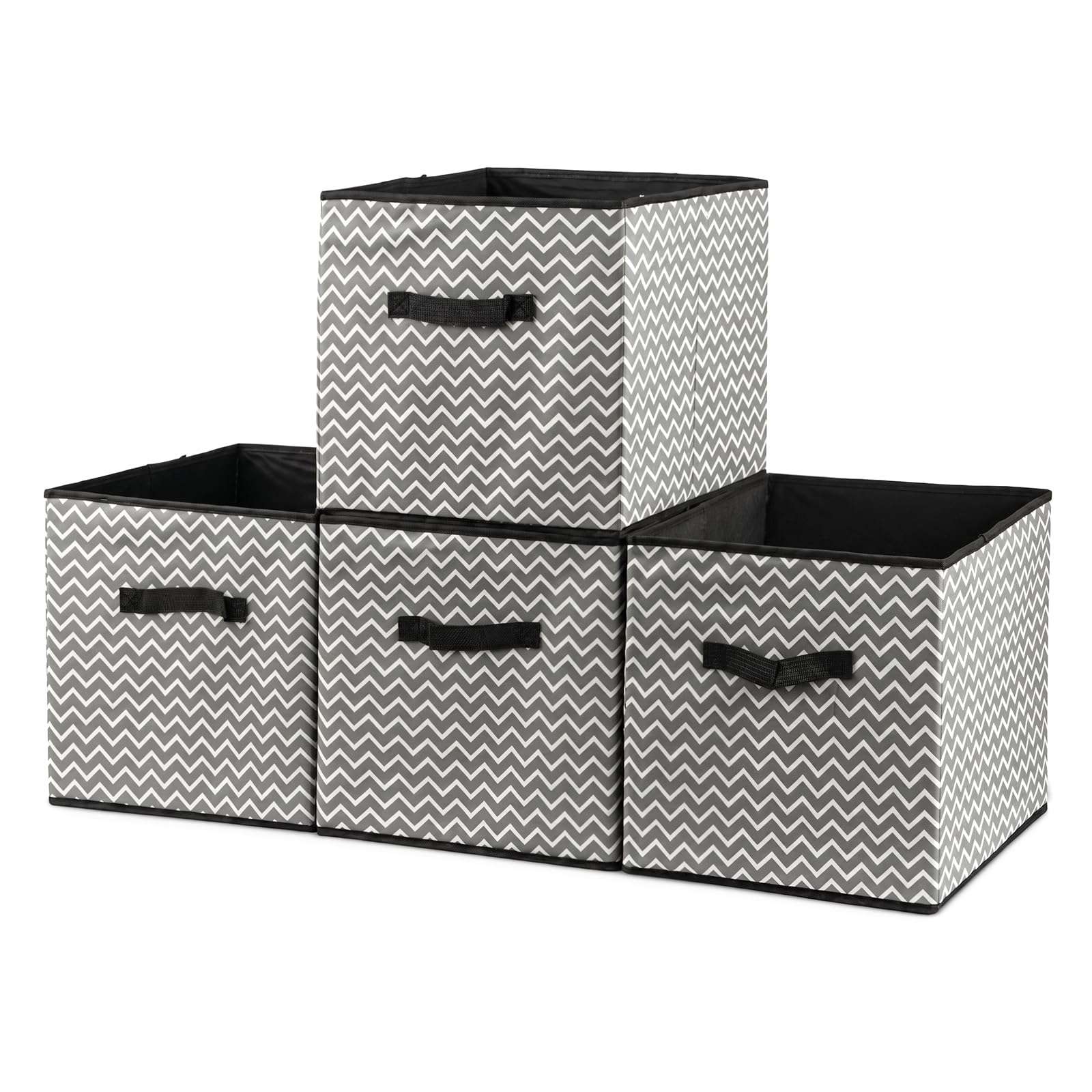 Stoff-Aufbewahrungsbox 4er-Set 33x38x33 cm – Faltbare Aufbewahrungskisten mit Griffen, Organizer für Schrank, Regal, Schublade, Kleiderschrank, Mehrfarbig (Grau mit großen Pfeilen)