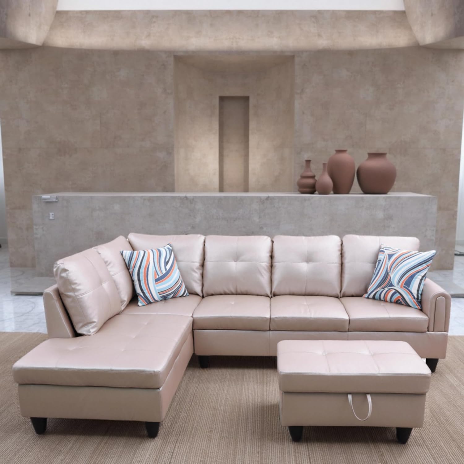 L Shaped Couch Sectional Couches with Chaise and Storage Ottoman, 3 Pieces Modular Convertible Sofa for Living Room Furniture Sets and Small Apartment Faux Leather, Latte