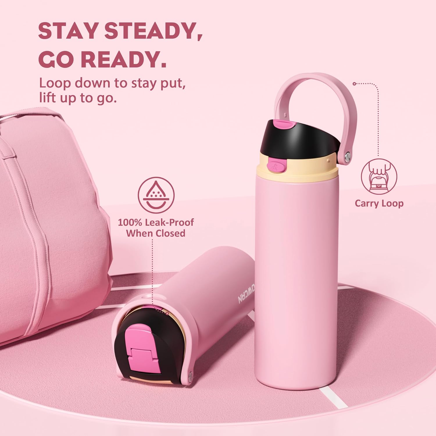 POWCAN 24 oz Insulated Water Bottle for Women: 2-in-1 Push-Button Spout & Quick-Flip Straw, Leakproof, Cold 24Hrs, Fits Car Cup Holder, Stainless Steel Cup for Sports, Camping, Gift (Polka Whimsy) - Image 4