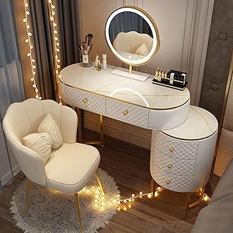 Vanity Set - Makeup Vanity Desk with Smart LED Mirror and Chair, Luxurious Makeup Table with 5 Drawers ＆ Metal Legs, Suitable for Her (White, 40'')