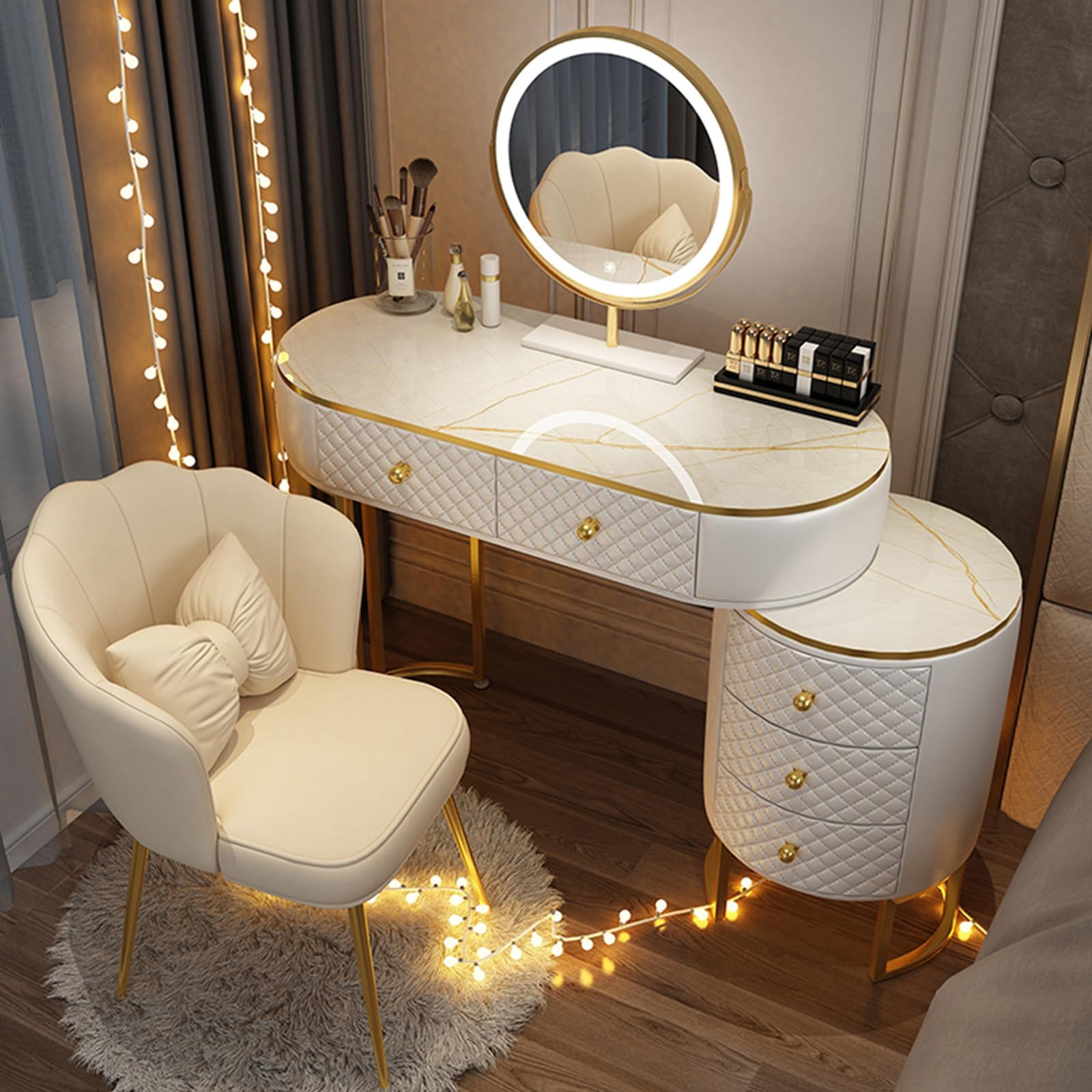 Vanity Set - Makeup Vanity Desk with Smart LED Mirror and Chair, Luxurious Makeup Table with 5 Drawers ＆ Metal Legs, Suitable for Her (White, 40'')