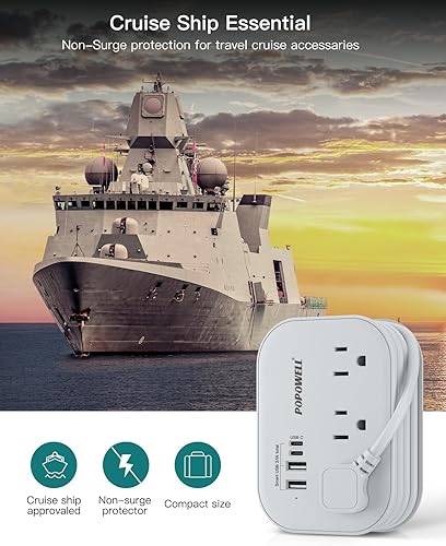 Miniatura 2 de PD - Tira de alimentación USB C de 20 W, regleta de alimentación de viaje popowell con 3 salidas y 3 puertos USB (1 USBC) de carga rápida para