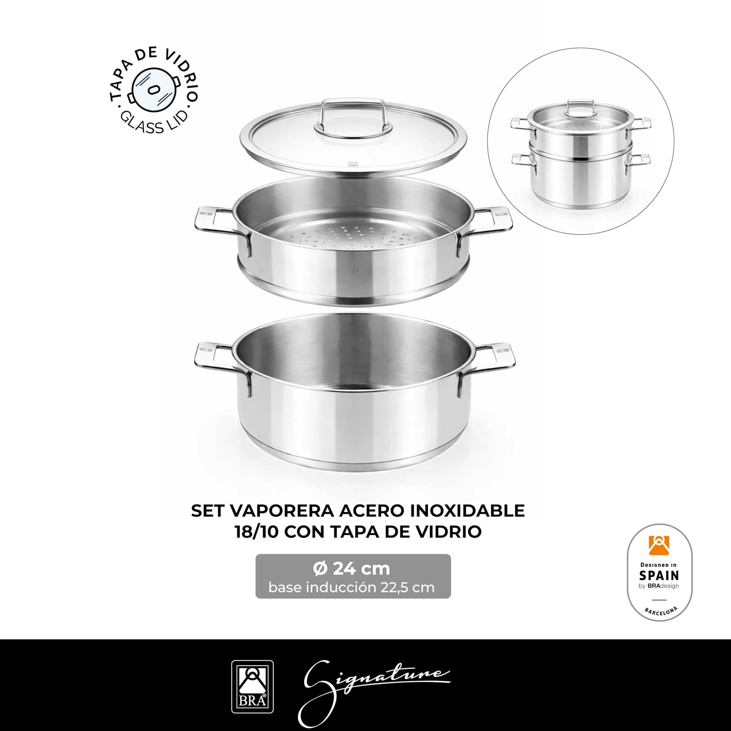 BRA Signature | Set cocina al vapor 24 cm con tapa, Acero Inoxidable 18/10 | Sin antiadherente, Cacerola 24 cm con Vaporera y Tapa de vidrio, 3, 75L, apta para inducción, triple fondo full induction
