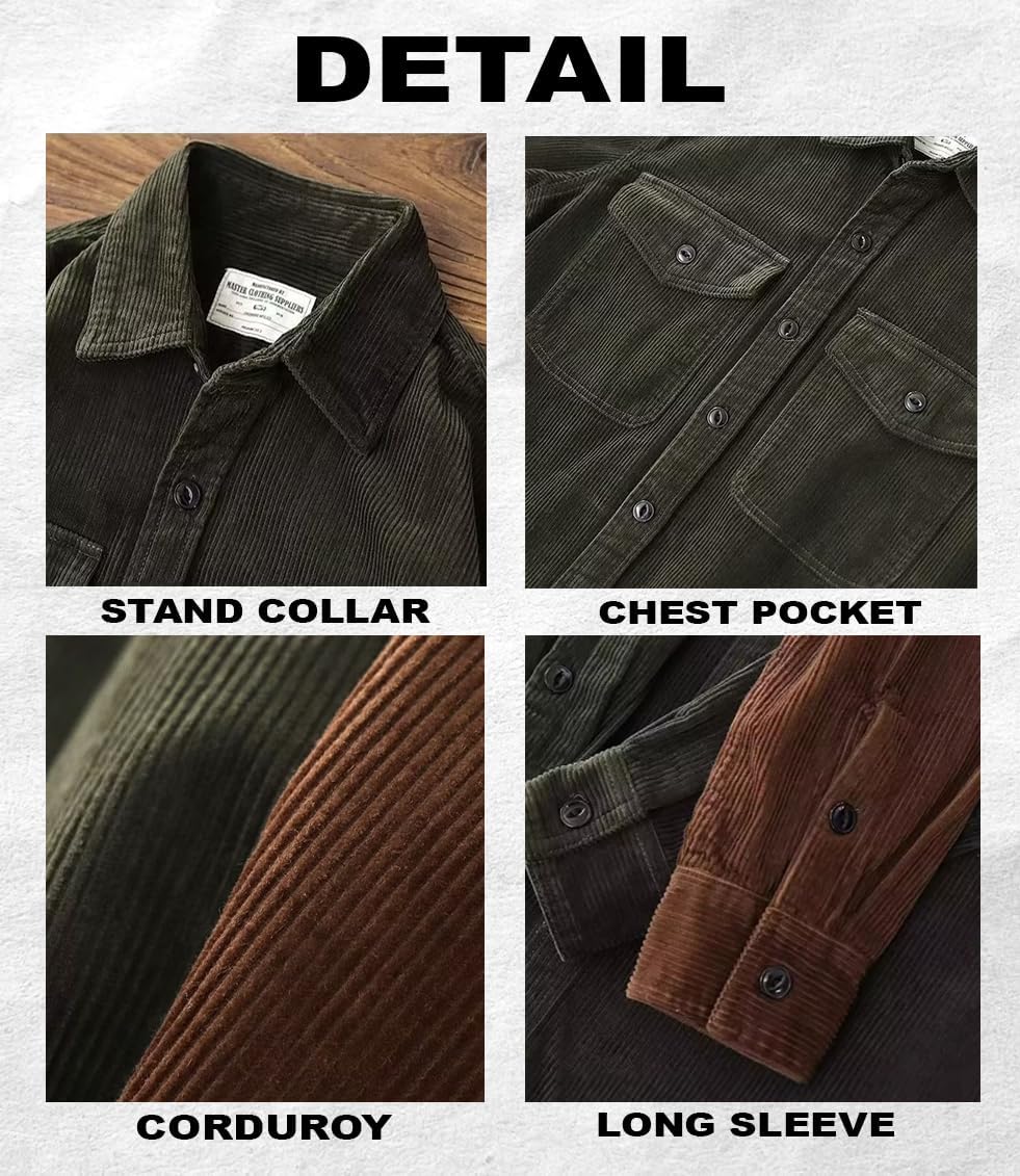 Men's Corduroy Button Down Shirts Long Sleeve Casual Shacket Jacket Western with Flap Pockets