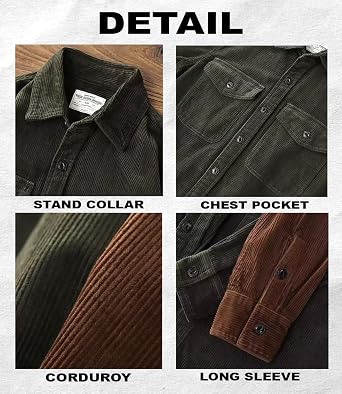 Men's Corduroy Button Down Shirts Long Sleeve Casual Shacket Jacket Western Corduroy Shirt Jacket with Flap Pockets