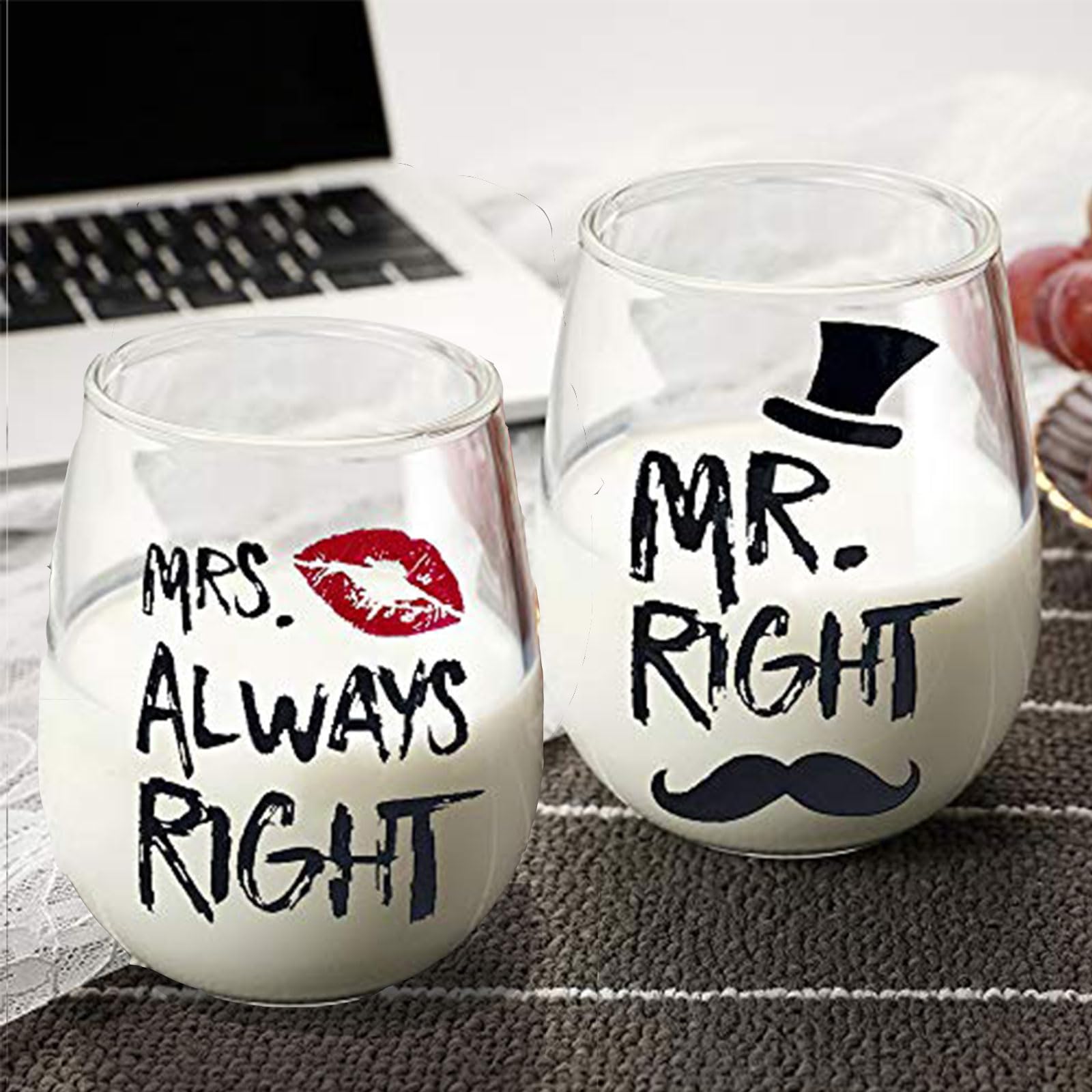Mr Right Bicchieri da coppia di vino 14 once Calice da vino in cristallo senza stelo Set di tazze, Tazza da matrimonio per gli sposi per coppia Anniversario, Fidanzamento, Natale San Valentino