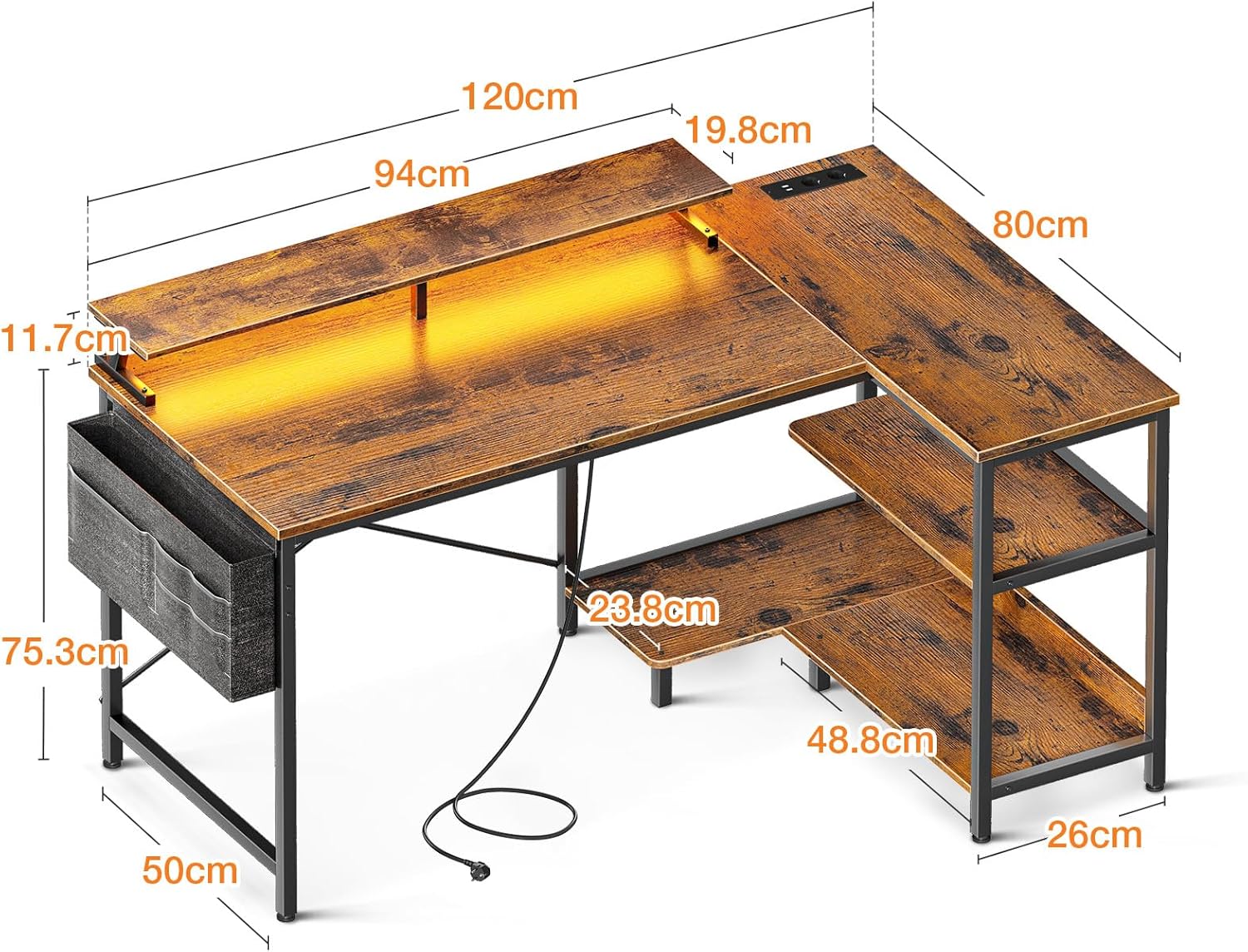 Coleshome L-shaped gaming desk with dimensions and features highlighted