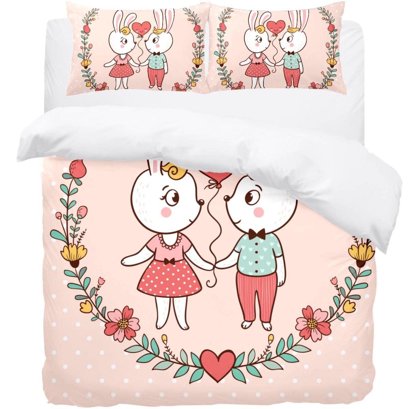 Parure de lit simple avec housse de couette lapin et 2 taies d'oreiller