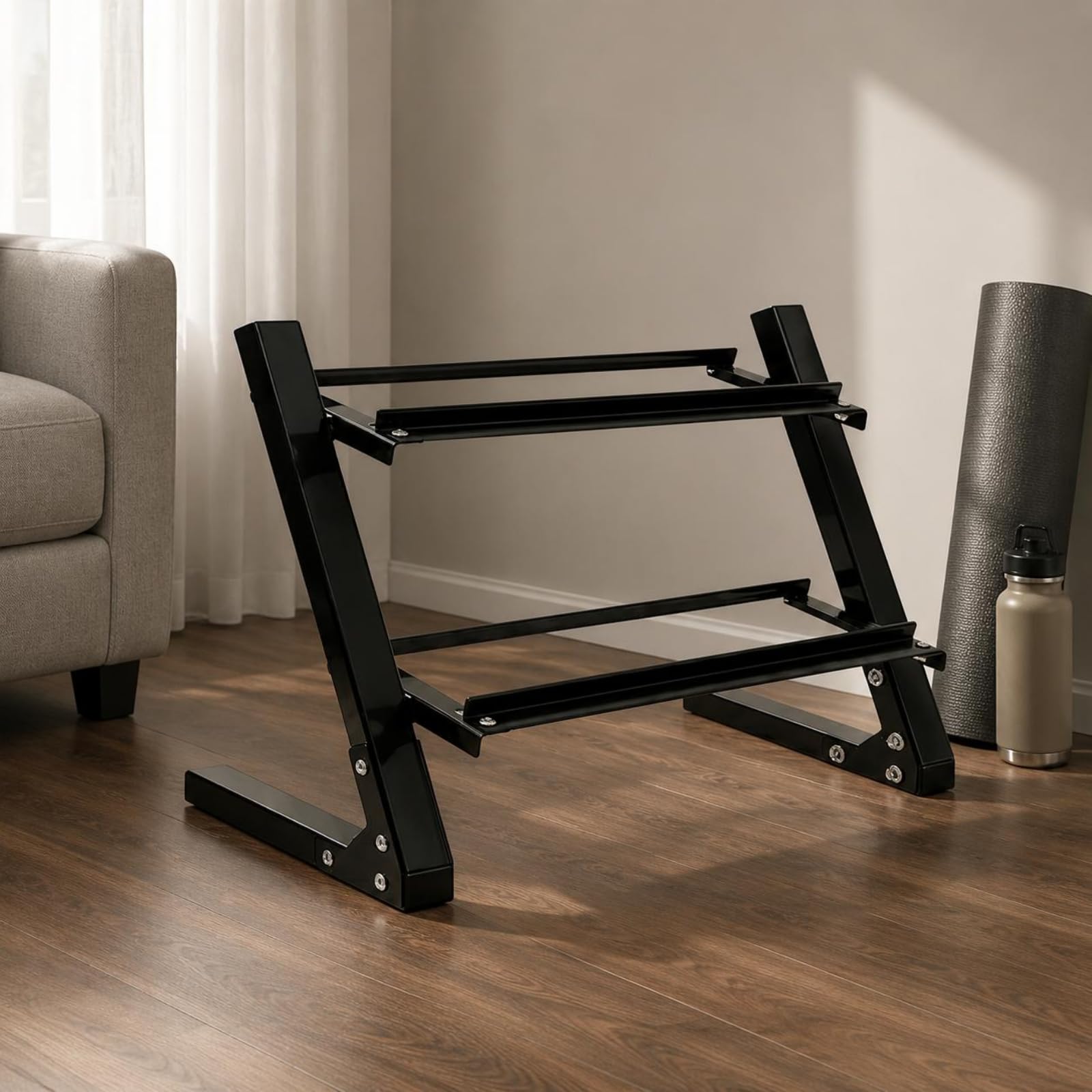 perfeclan Soporte de Pesas Estante Organizador Rack de Mancuernas de Dos Niveles en Acero con Estructura Inclinada para Acceso