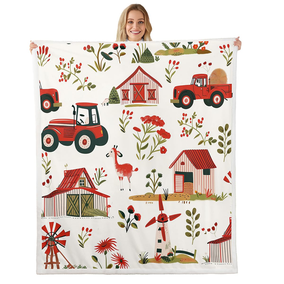 Homewish Rustykalny koc polarowy na drzwi stodoły Twin 152 cm x 203 cm | kreskówka ciężarówka wiatrak szerpa koc kawaii jeleń dzika przyroda narzuta puszysty pluszowy narzuta dom wiejski kwiaty