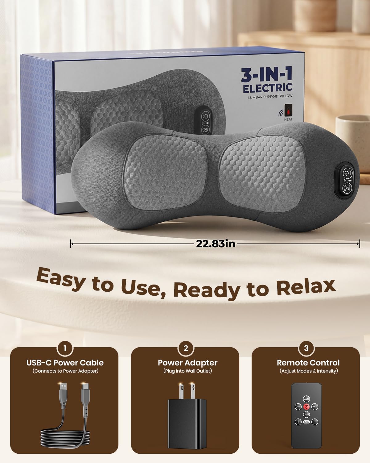 3-in-1 Lendenwirbelstützkissen mit Fernbedienung, Triple Fusion Rückenmassagegerät mit Wärme, Vibration & Dehnung für den unteren Rücken, Tragbares elektrisches Lendenkissen für Zuhause, Büro, Reisen