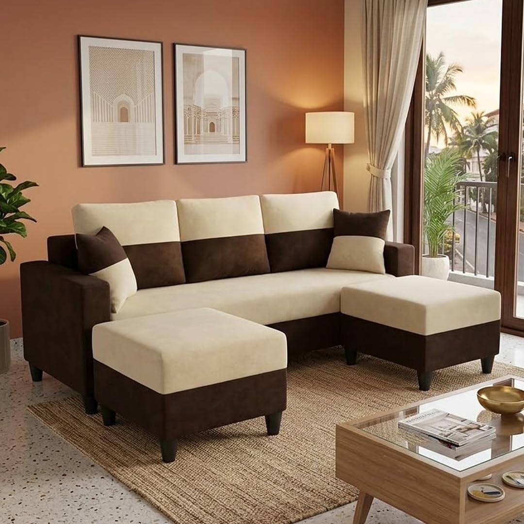 Cavo Plush Comfort Sofa Set | 3 Seater with 2 Ottomans | Luxury Velvet Suede Fabric | Modern Living Room Sofa | Dark Brown - Cream-image-28