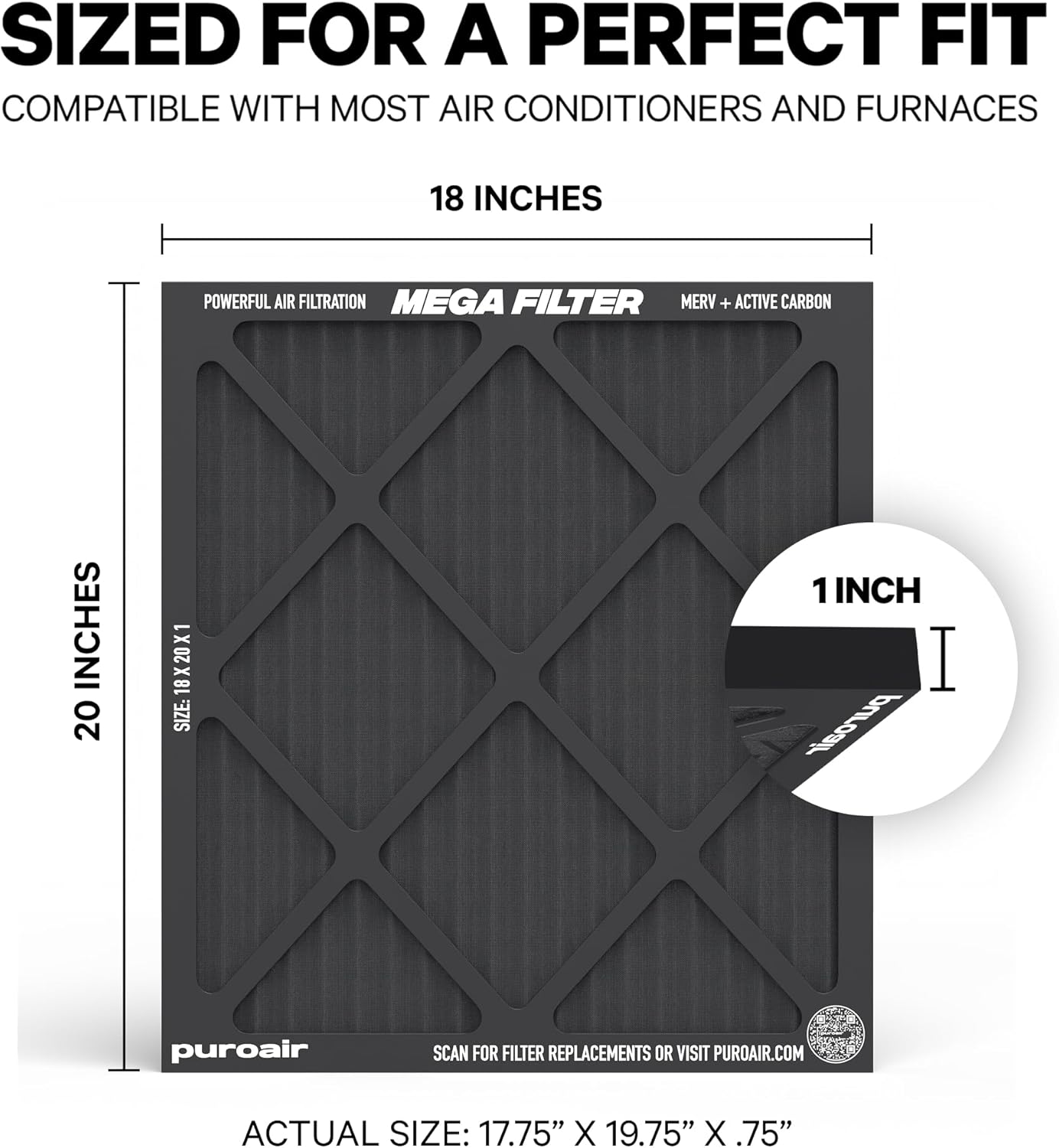 PuroAir MegaFilter - 18x20x1 Air Filter MERV 13 Activated CarbonTech Defense - Heavy Duty 3 Layer Furnace Filters Allergens, Pollen, Dust, Pet Dander, Smoke, Odors - HVAC Air Filter 18x20x1 (4-Pack)