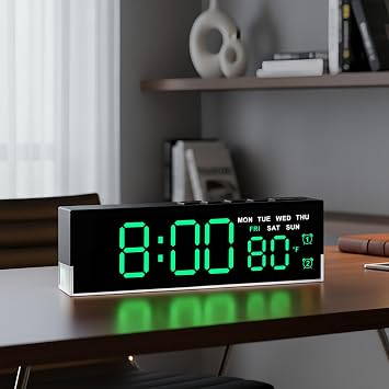 45MinST 7-Inch LED Digital Alarm Clock with Bottom Glow Light|Displays Time, Date, Day, Temperature|Dual Alarms, DST, Auto/Manual 3-Level Brightness, Battery or USB Powered Desk Clock,Green