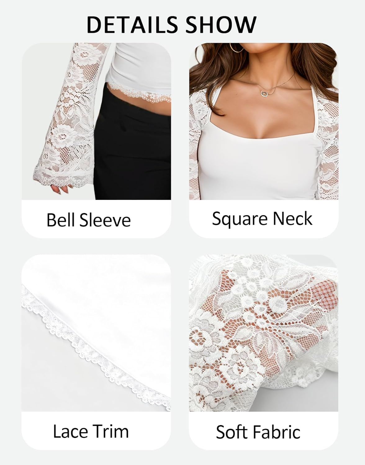 Lace Square Neck Tops for Women, Long Sleeve Lace Trim Floral See Through Top Y2K Going Out Crop Blouse - Image 4